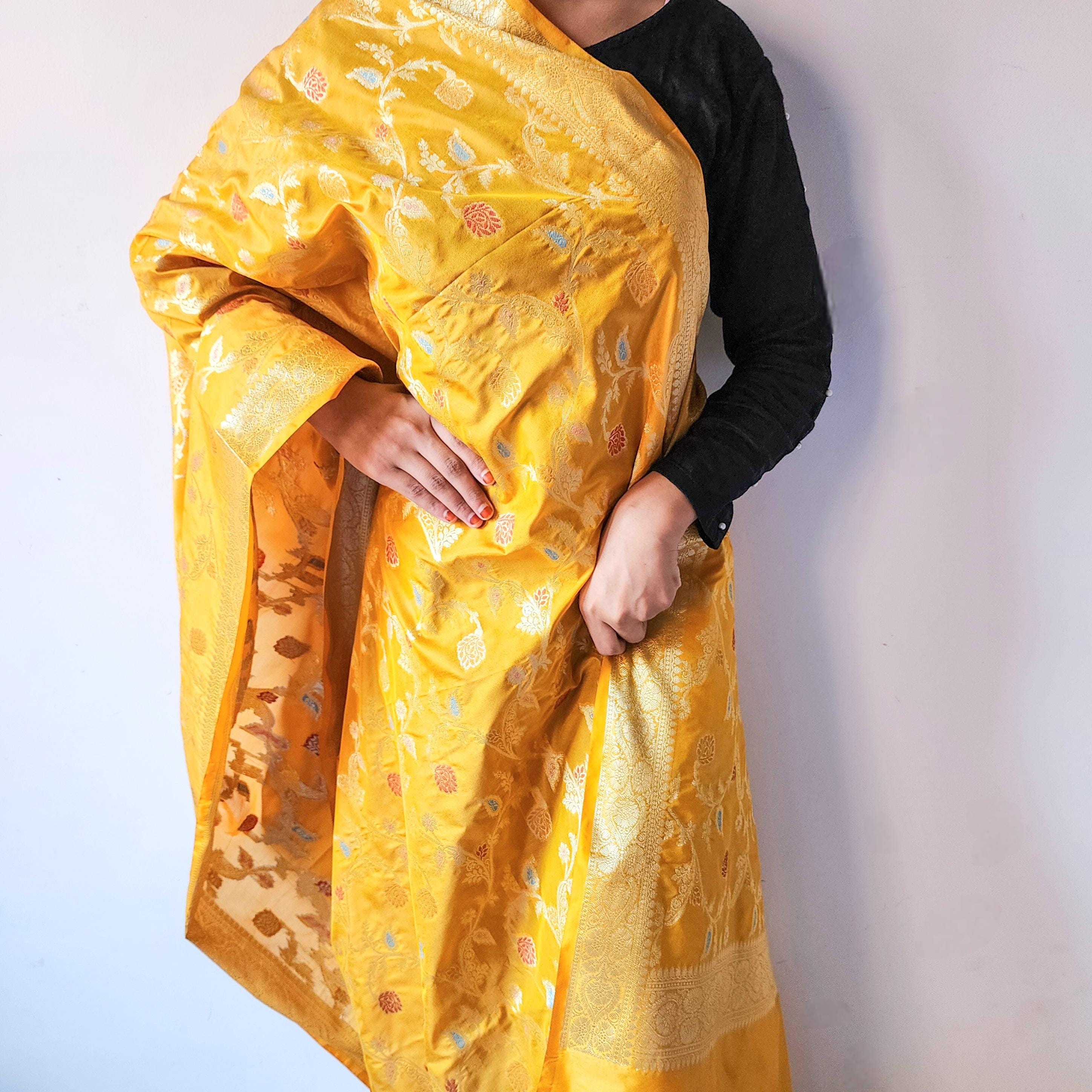 Golden Yellow Banarasi Silk Dupatta with Gold Zari Border & Multicolor Meenakari Work