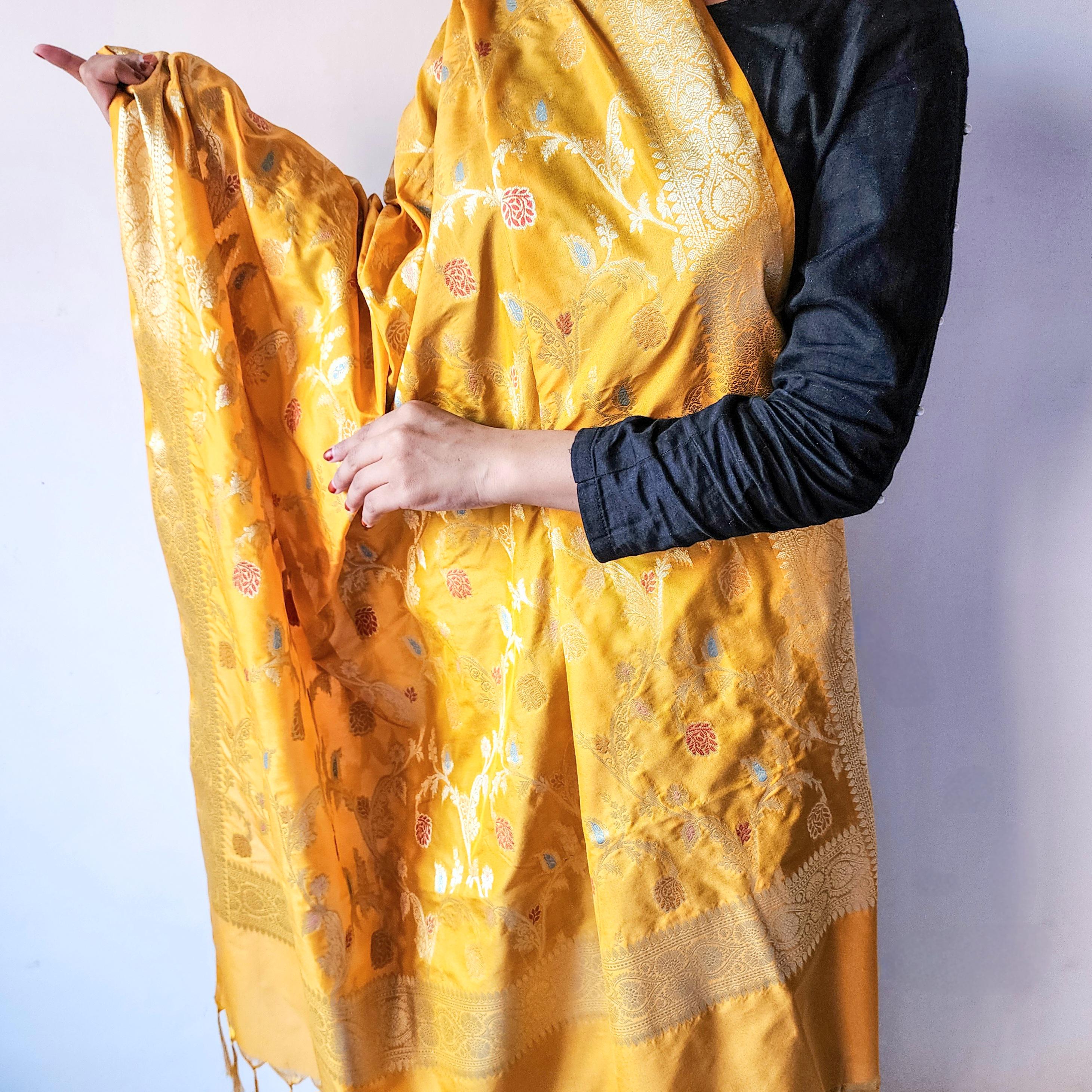Golden Yellow Banarasi Silk Dupatta with Gold Zari Border & Multicolor Meenakari Work