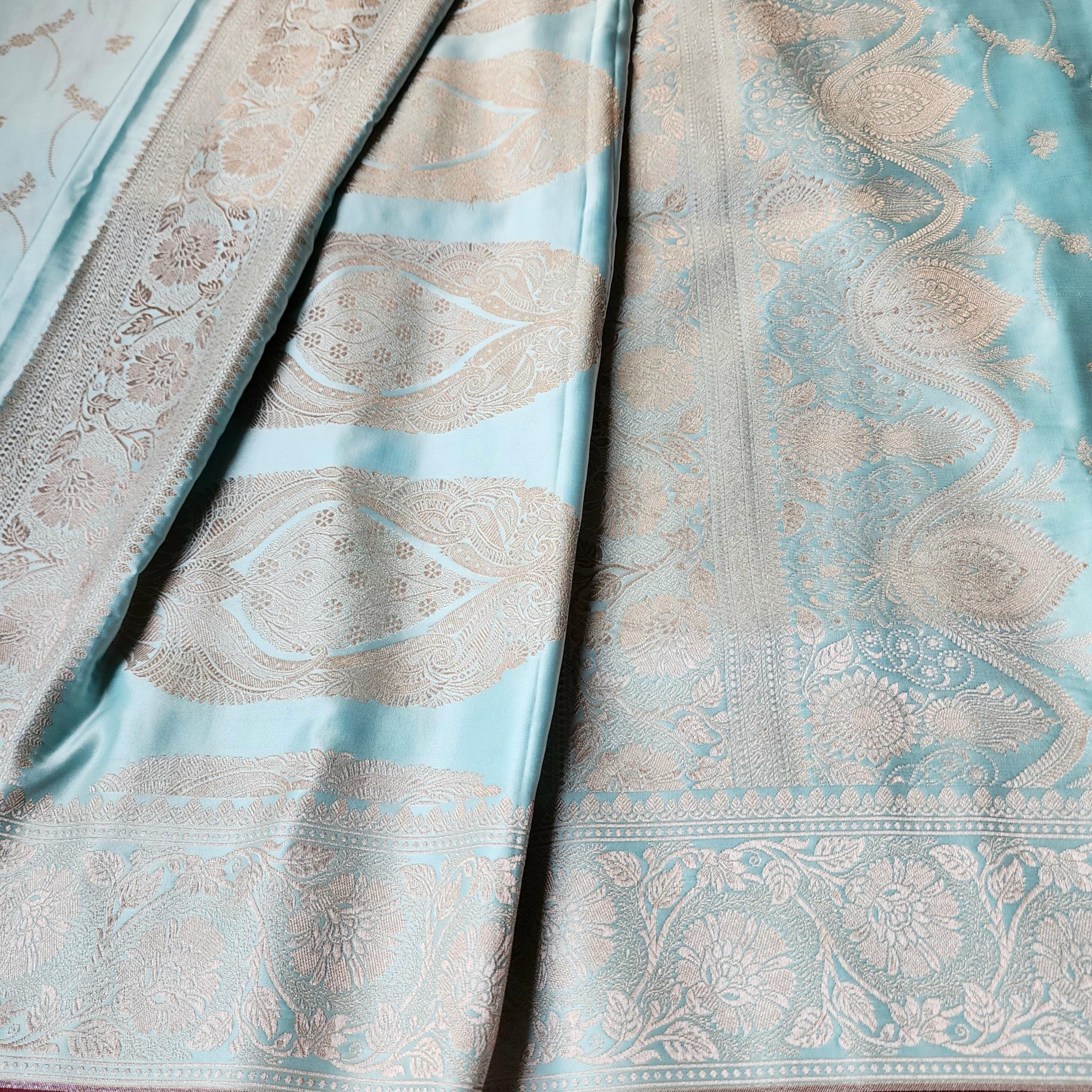 Rich Sky Blue Banarasi Katan Silk Saree | Light Gold Zari weaving