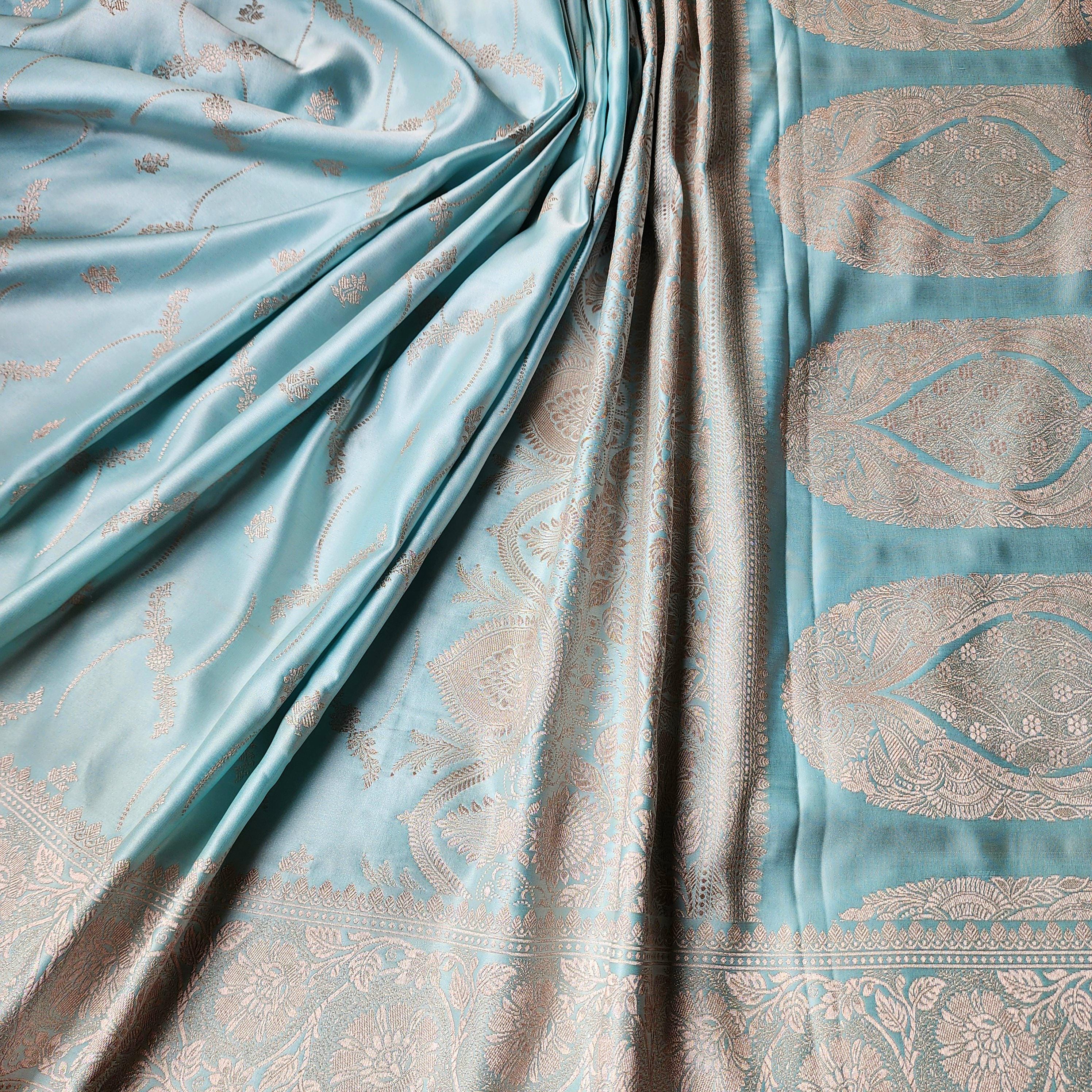 Rich Sky Blue Banarasi Katan Silk Saree | Light Gold Zari weaving