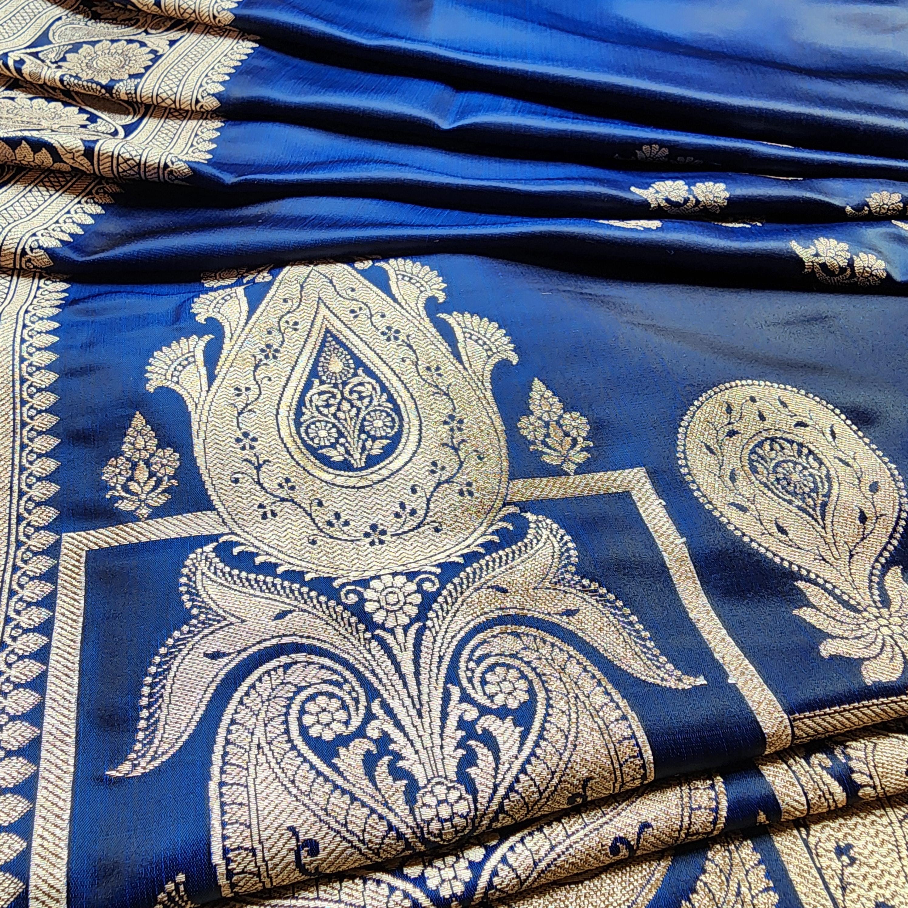 Rich Royal Blue Pure Banarasi Katan Silk Saree with light Gold Zari Weaving
