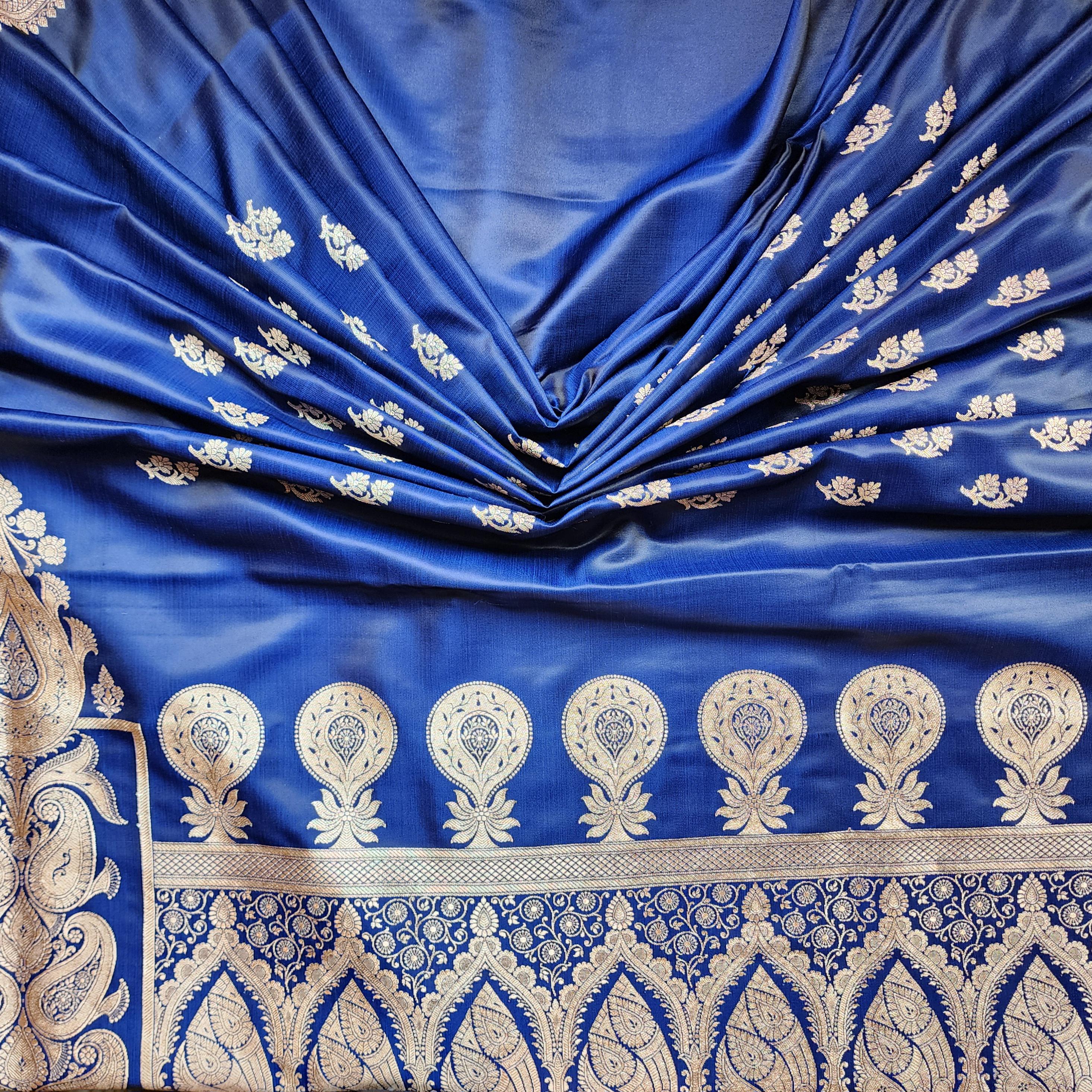 Rich Royal Blue Pure Banarasi Katan Silk Saree with light Gold Zari Weaving