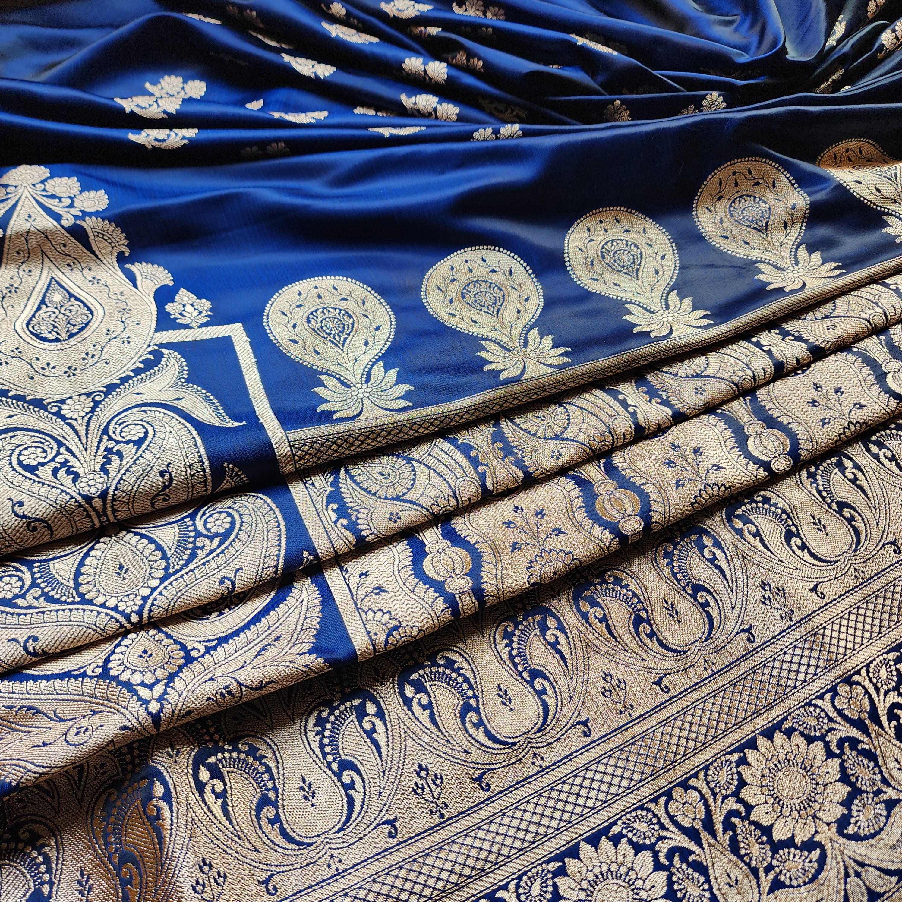 Rich Royal Blue Pure Banarasi Katan Silk Saree with light Gold Zari Weaving