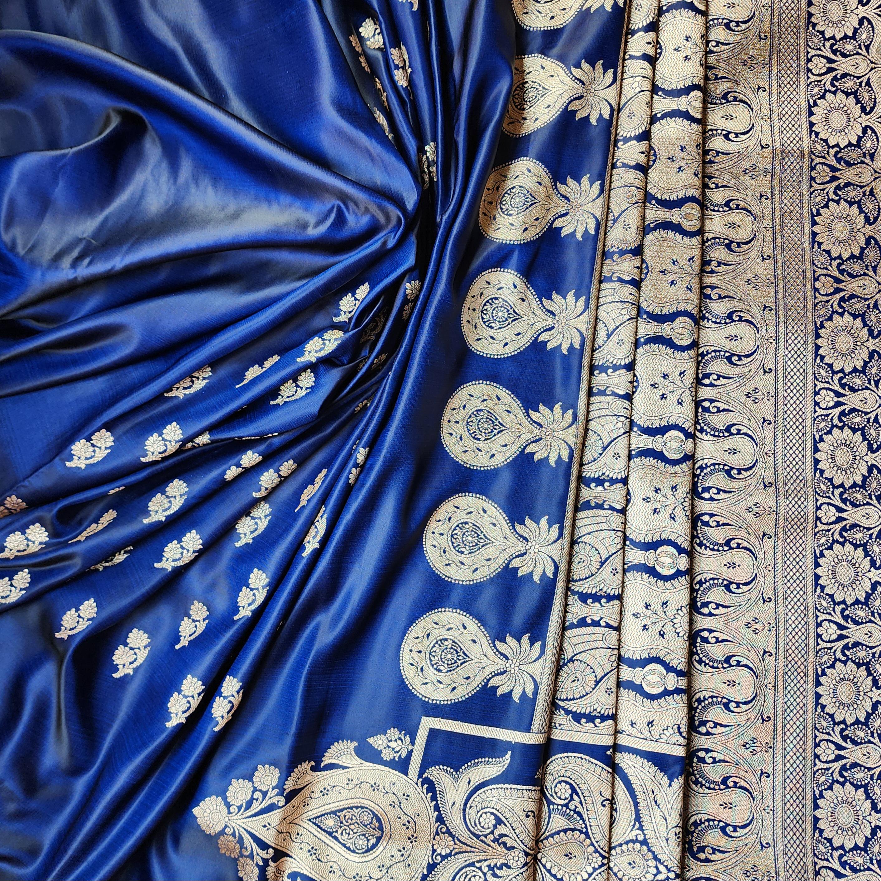 Rich Royal Blue Pure Banarasi Katan Silk Saree with light Gold Zari Weaving