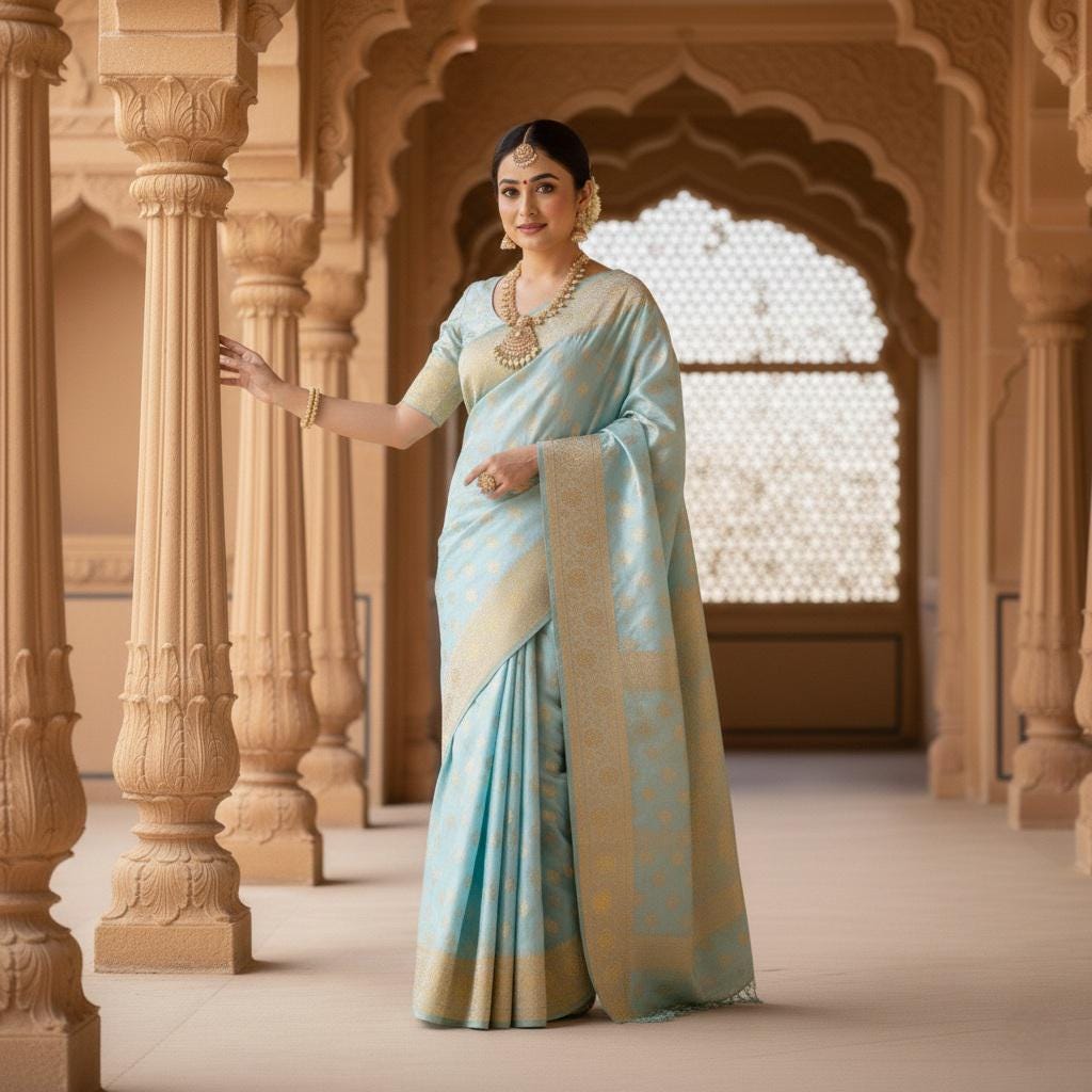 Rich Powder Blue Banarasi Silk Saree with Gold Zari Weaving