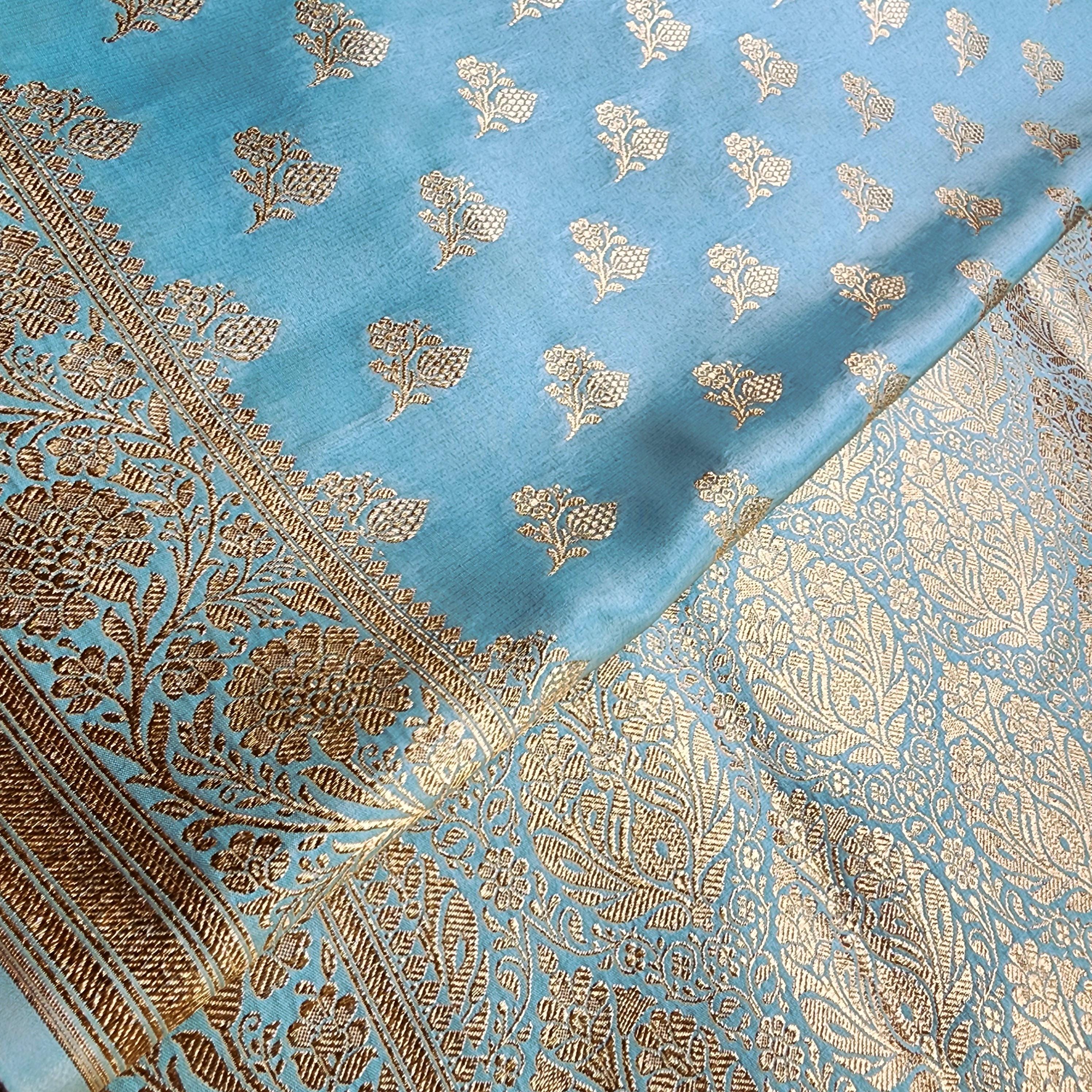 Rich Powder Blue Banarasi Silk Saree with Gold Zari Weaving