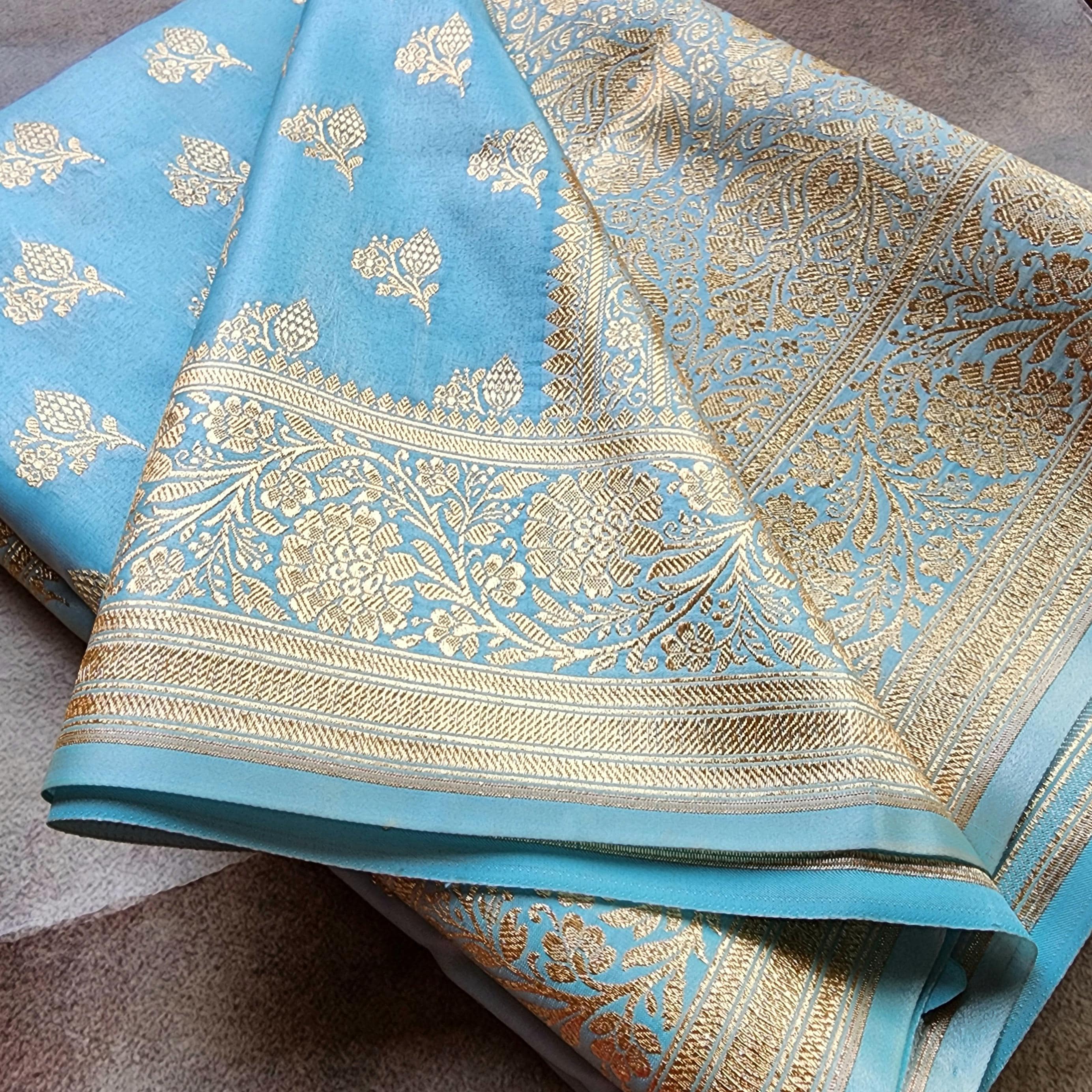 Rich Powder Blue Banarasi Silk Saree with Gold Zari Weaving