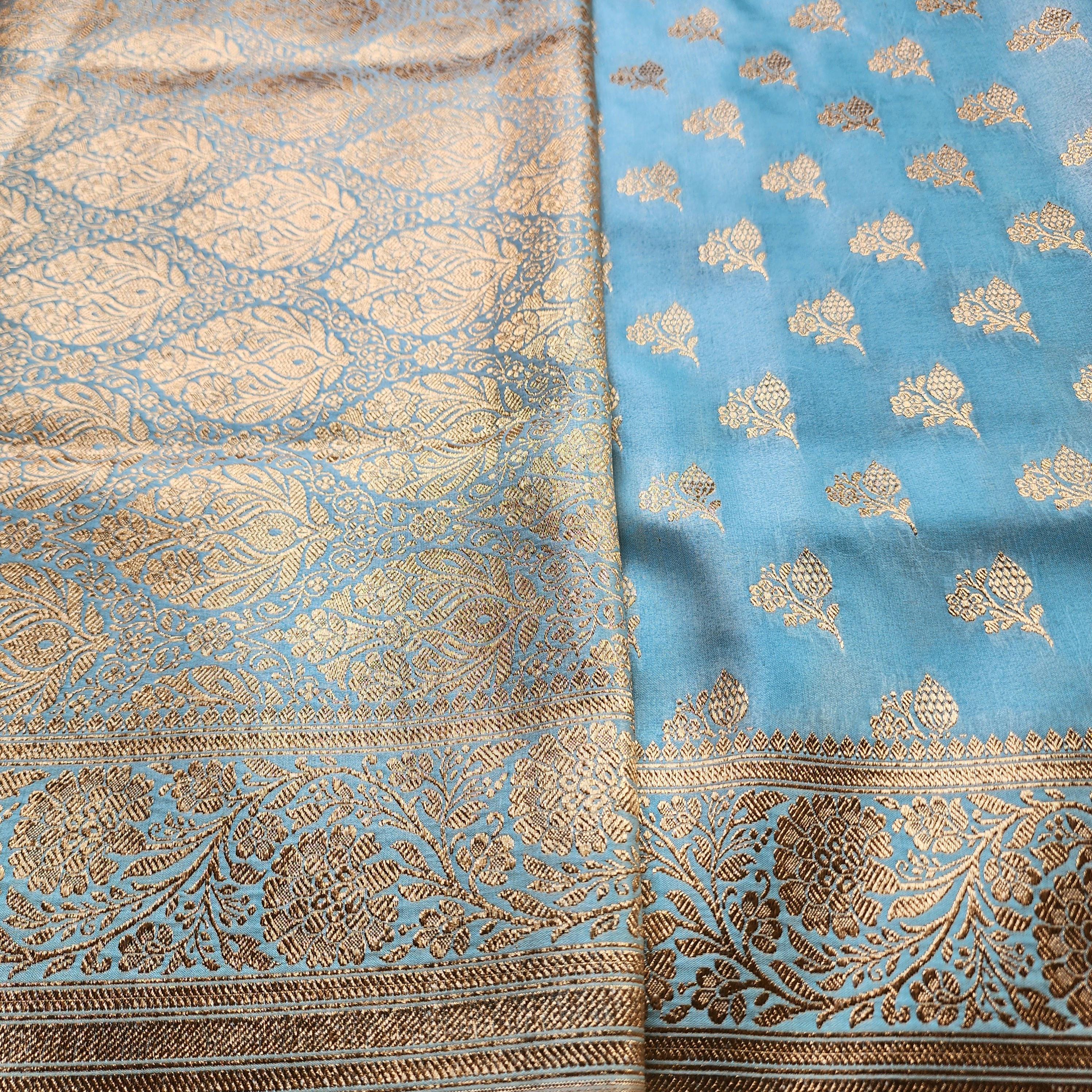 Rich Powder Blue Banarasi Silk Saree with Gold Zari Weaving