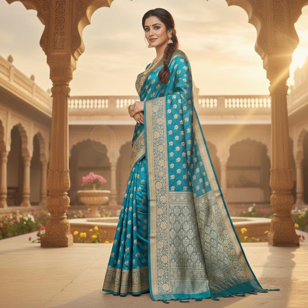 Rich Peacock Blue Banarasi Silk Saree with Gold Zari Weaving