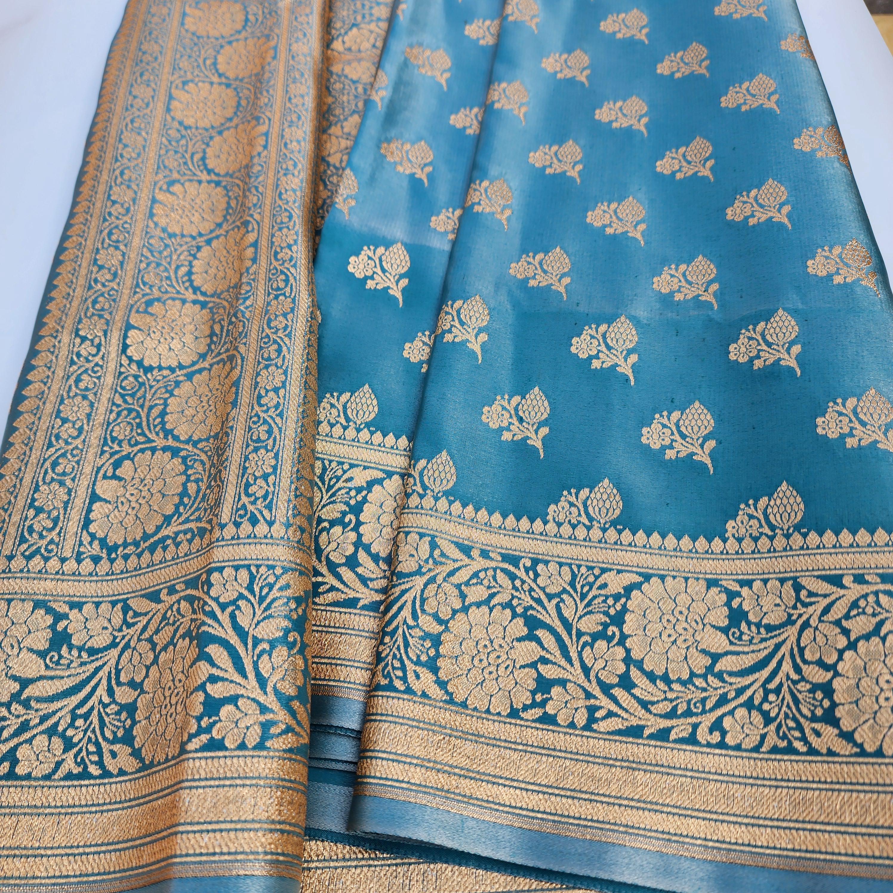 Rich Peacock Blue Banarasi Silk Saree with Gold Zari Weaving