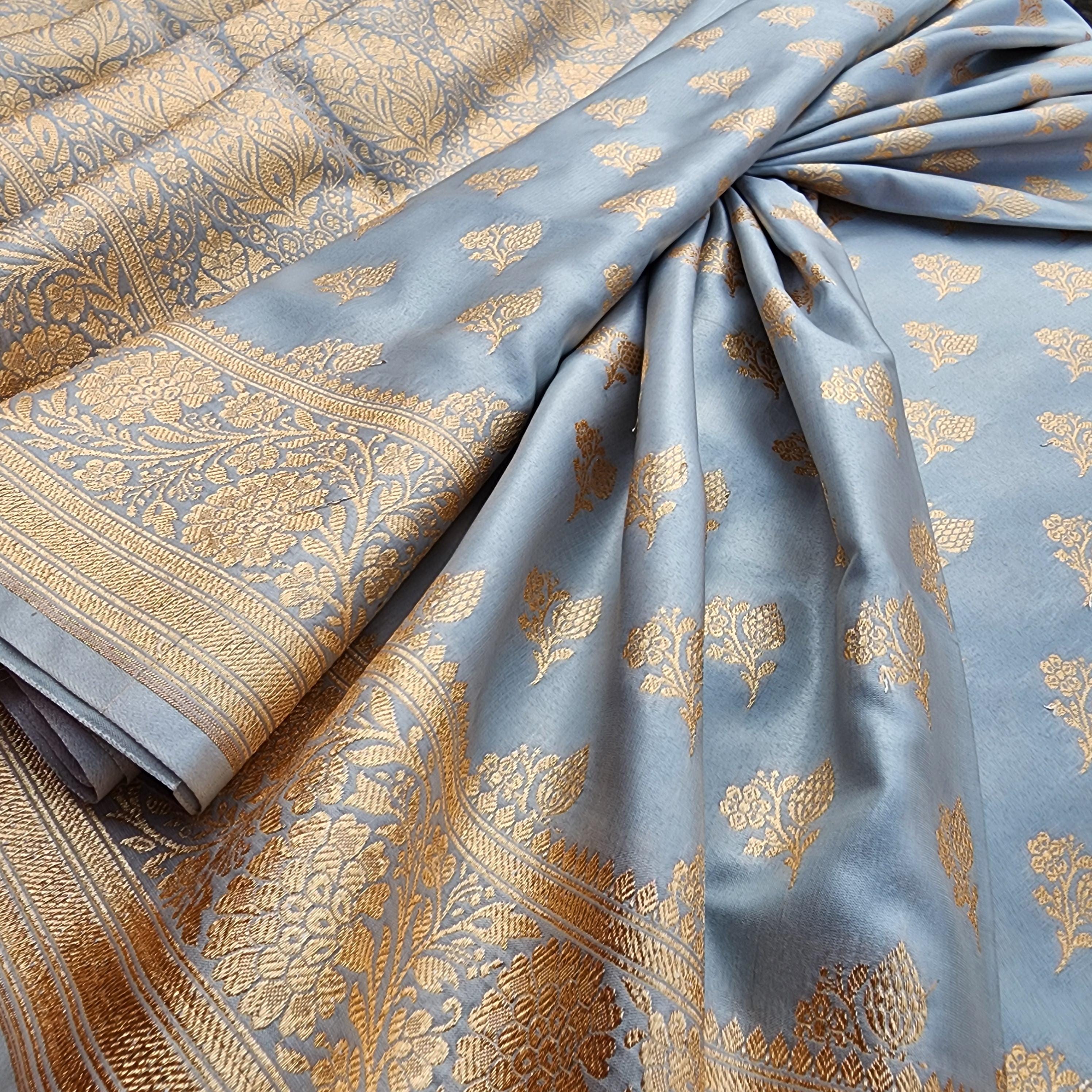 Rich Silver Grey Banarasi Silk Saree with Gold Zari Weaving
