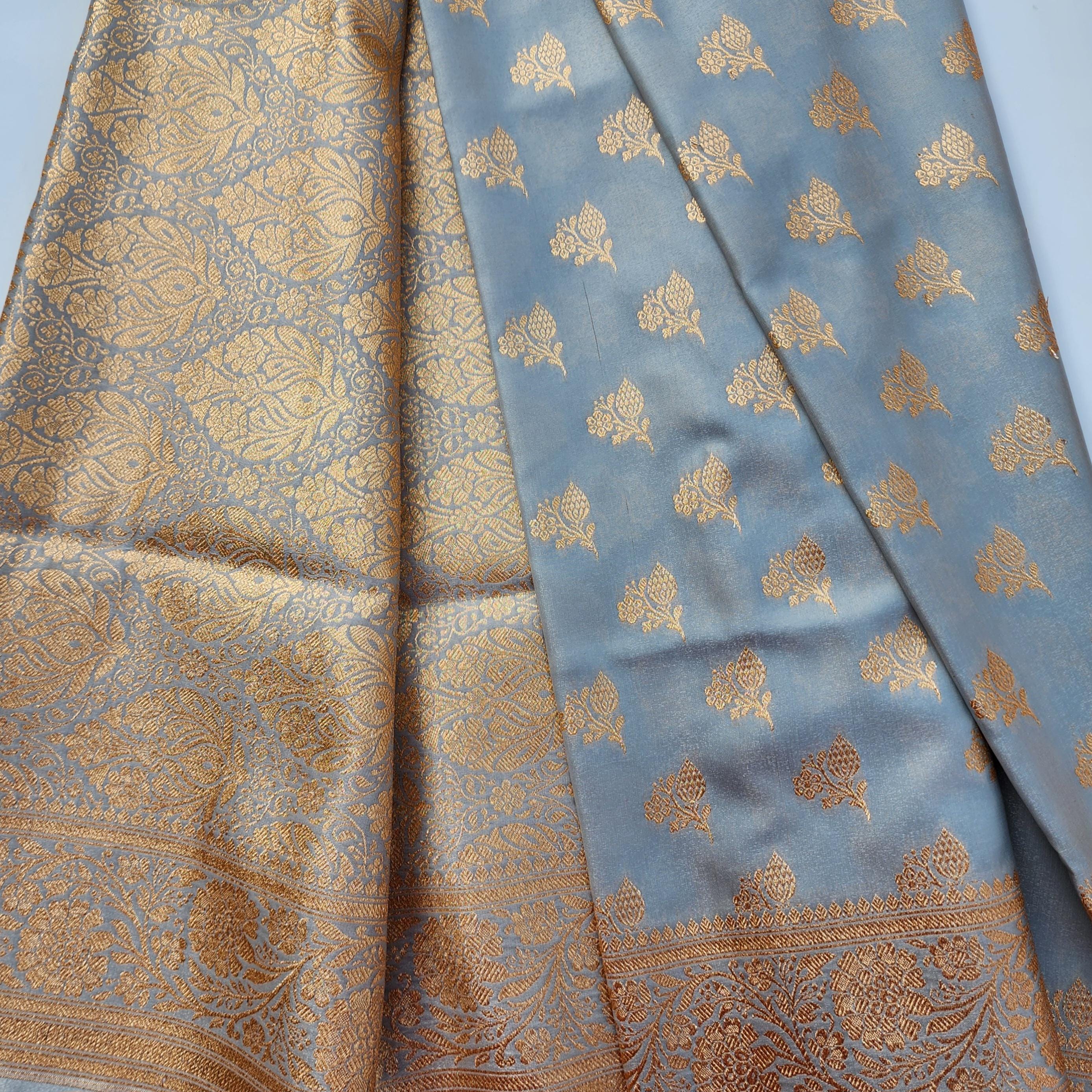 Rich Silver Grey Banarasi Silk Saree with Gold Zari Weaving