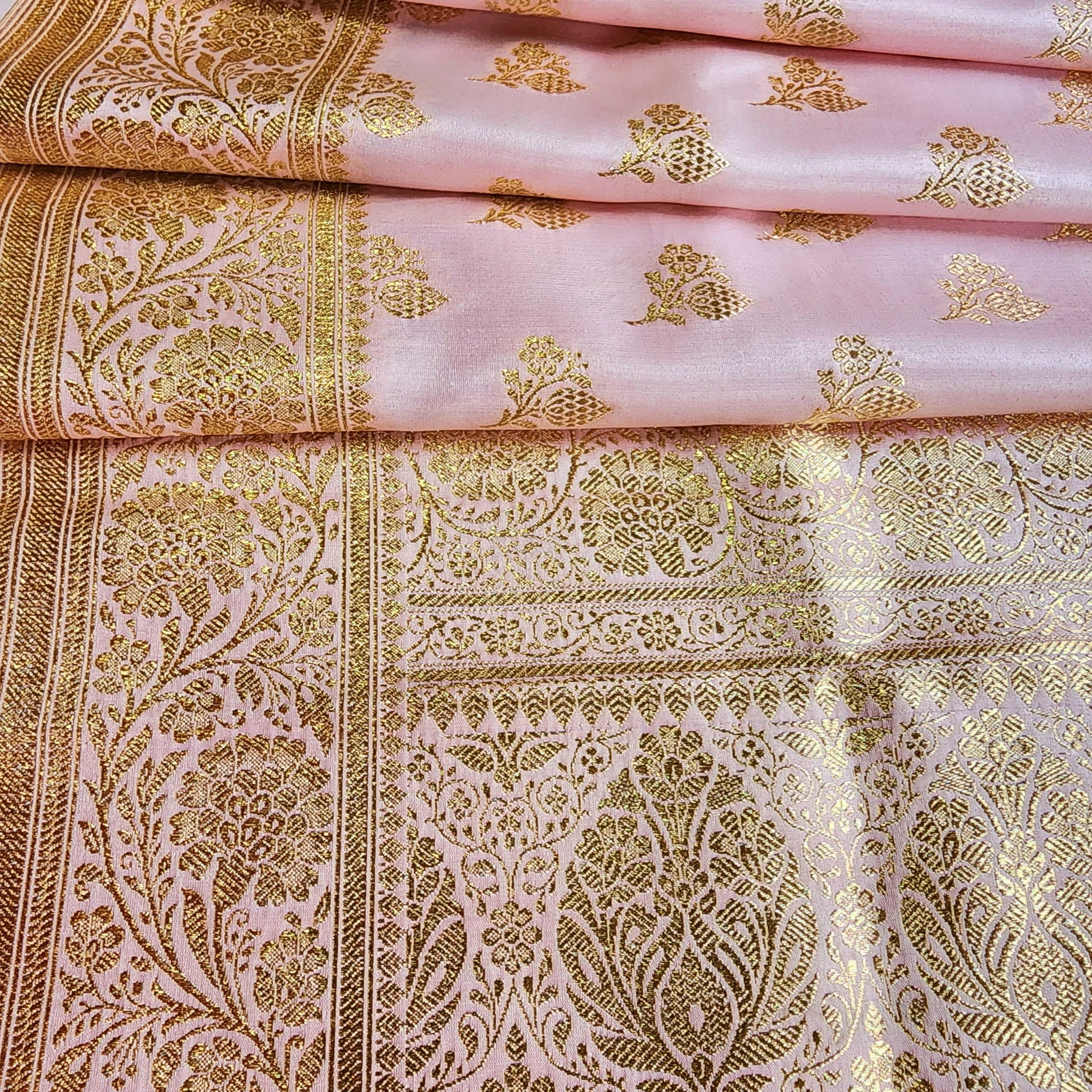 Rich Baby Pink Banarasi Silk Saree with Gold Zari Weaving