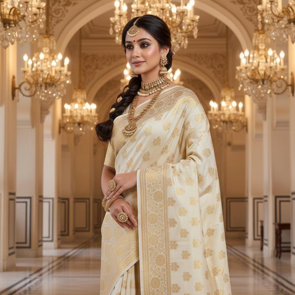 Rich Ivory Cream Banarasi Silk Saree with Gold Zari Weaving
