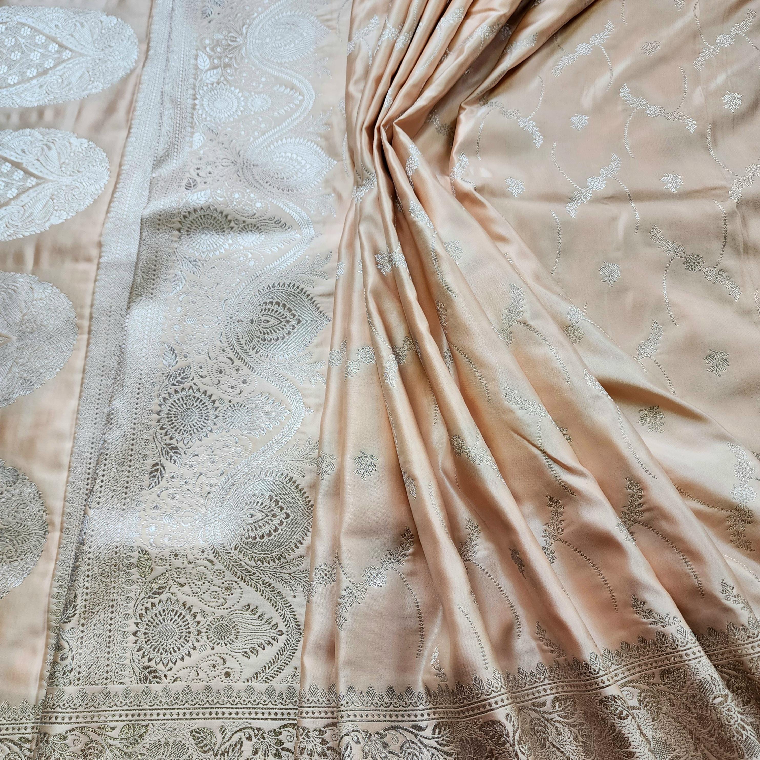 Peach Pure Banarasi Katan Silk Saree with light Gold Zari Weaving