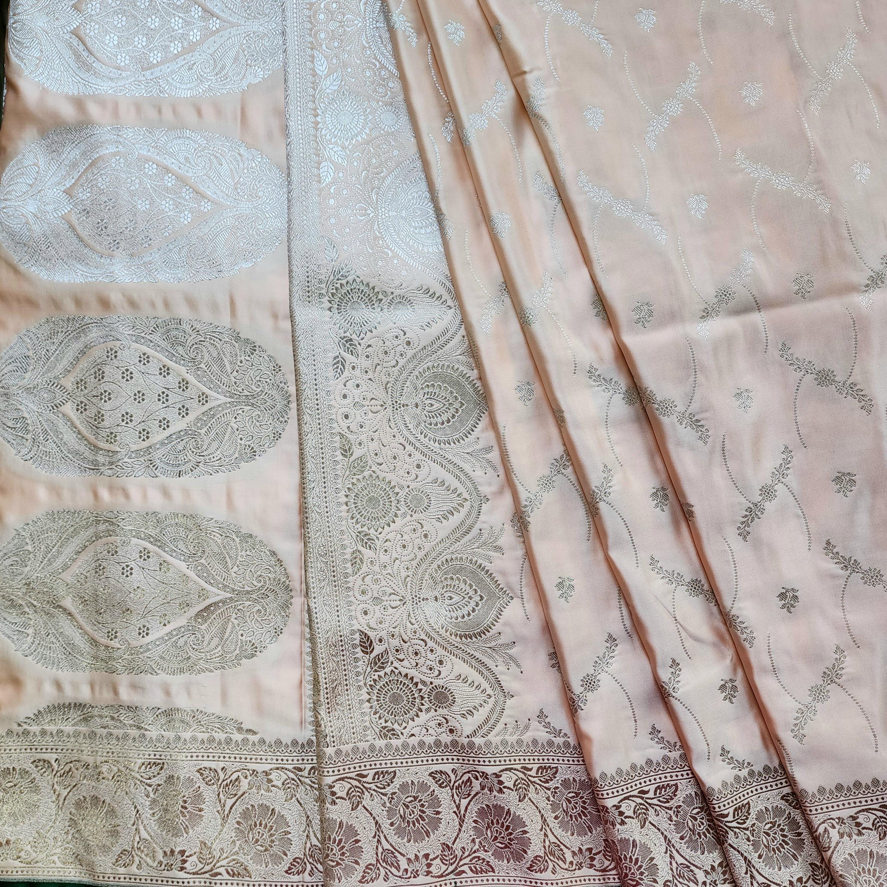 Peach Pure Banarasi Katan Silk Saree with light Gold Zari Weaving