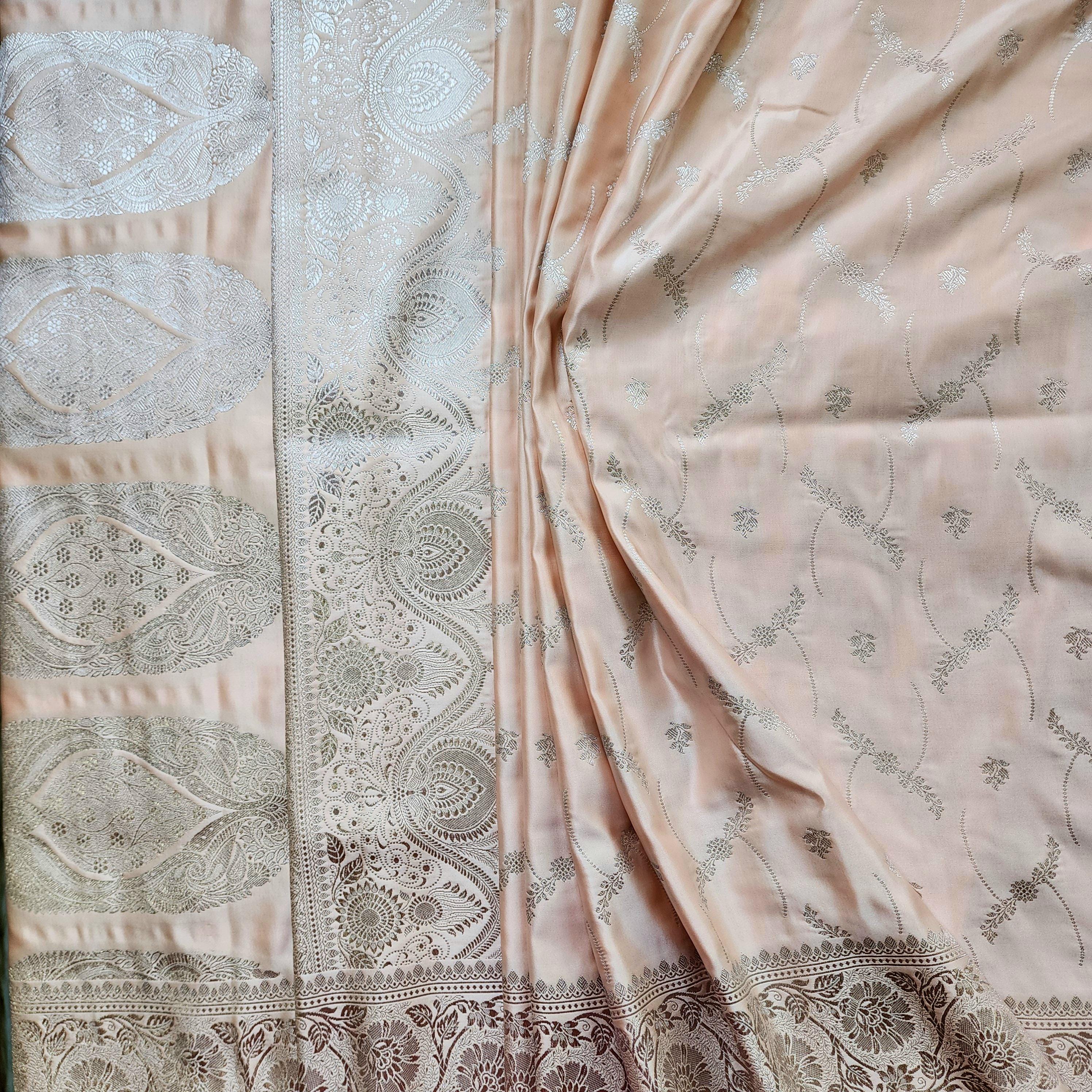 Peach Pure Banarasi Katan Silk Saree with light Gold Zari Weaving