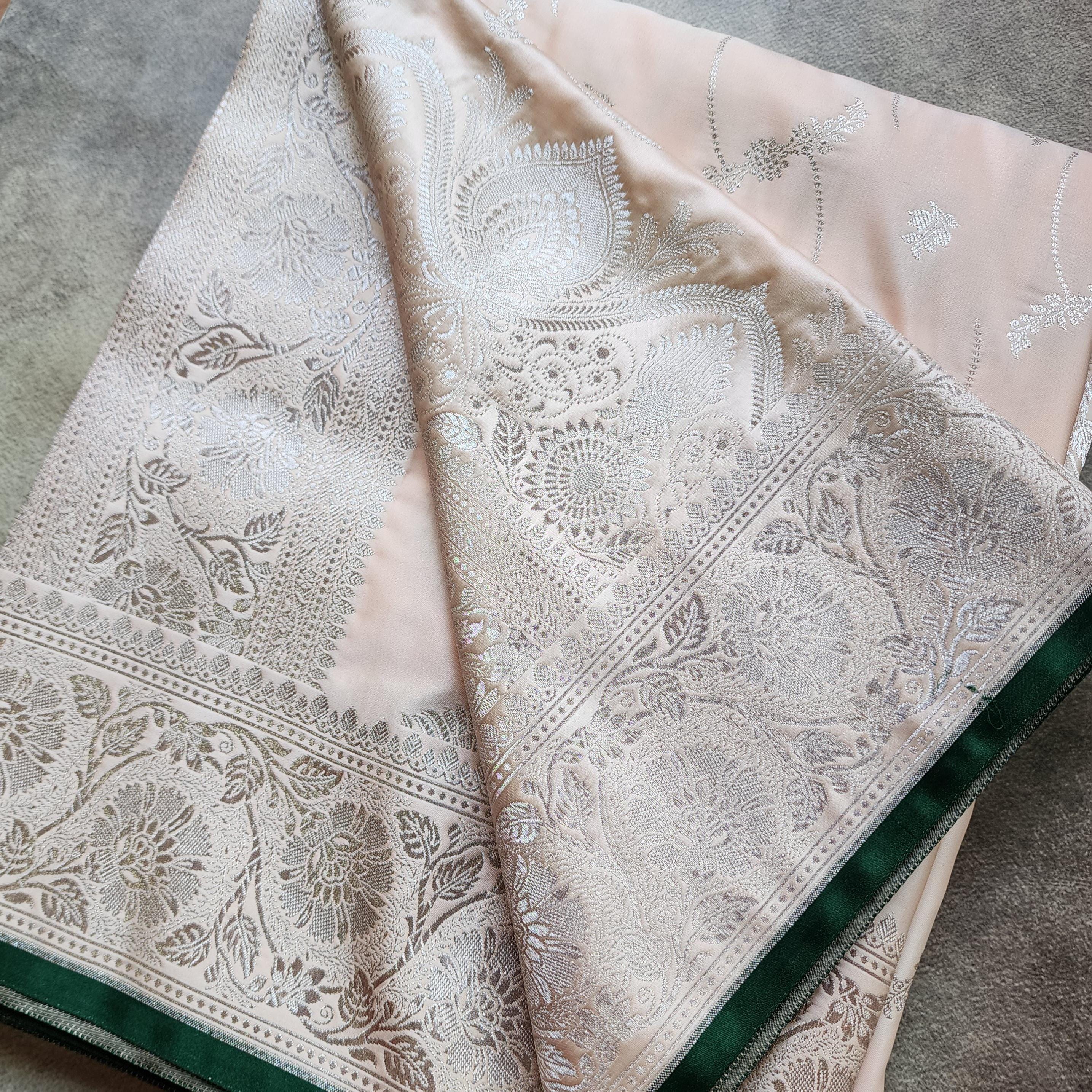 Peach Pure Banarasi Katan Silk Saree with light Gold Zari Weaving