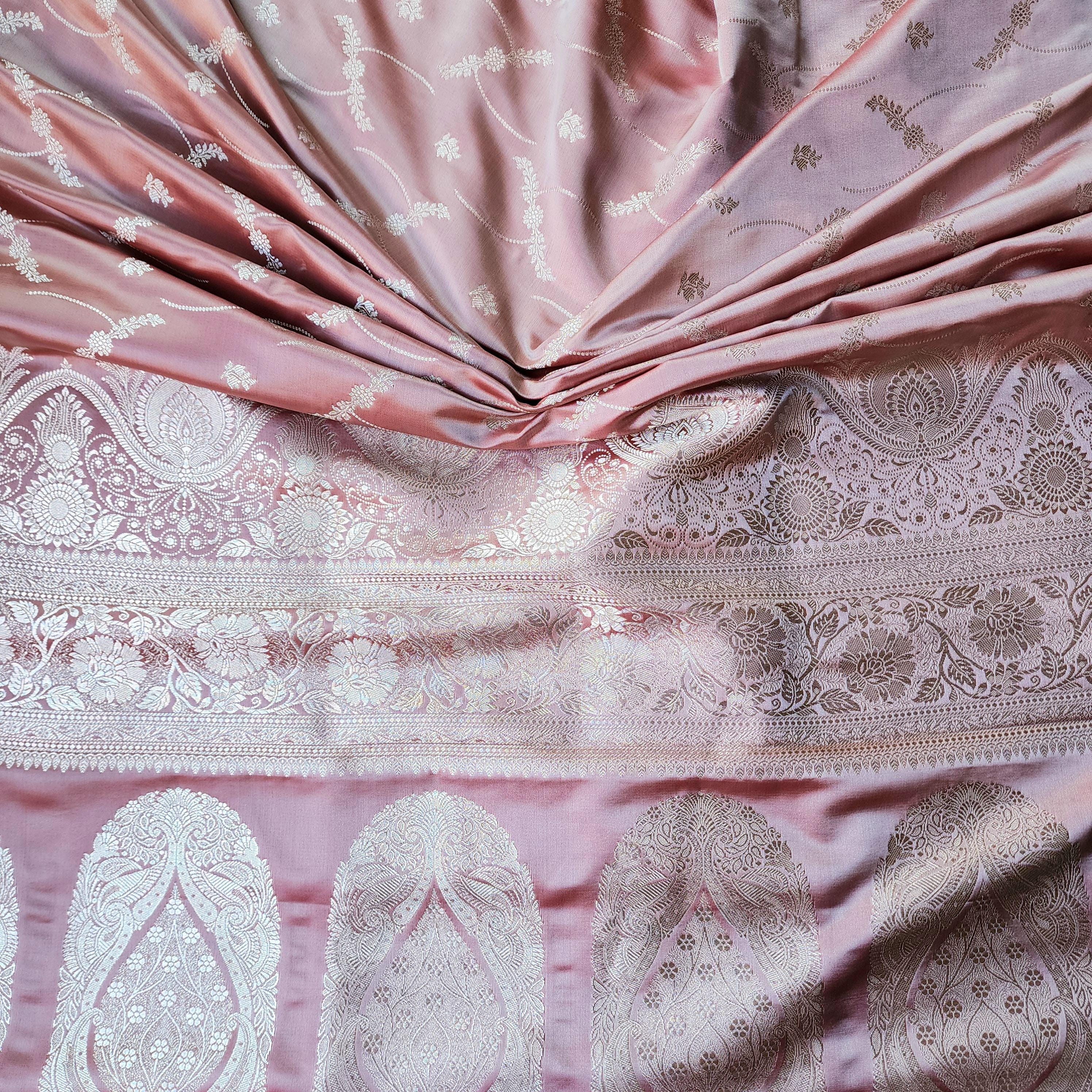 Dusty Rose Pink Pure Banarasi Katan Silk Saree with light Gold Zari Weaving