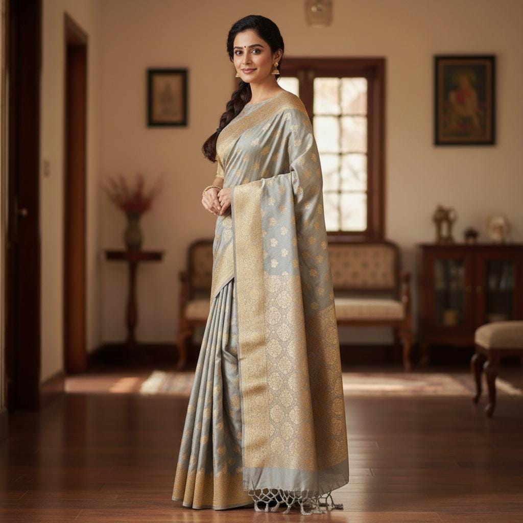 Rich Silver Gray Banarasi Katan Silk Saree | Light Gold Zari weaving
