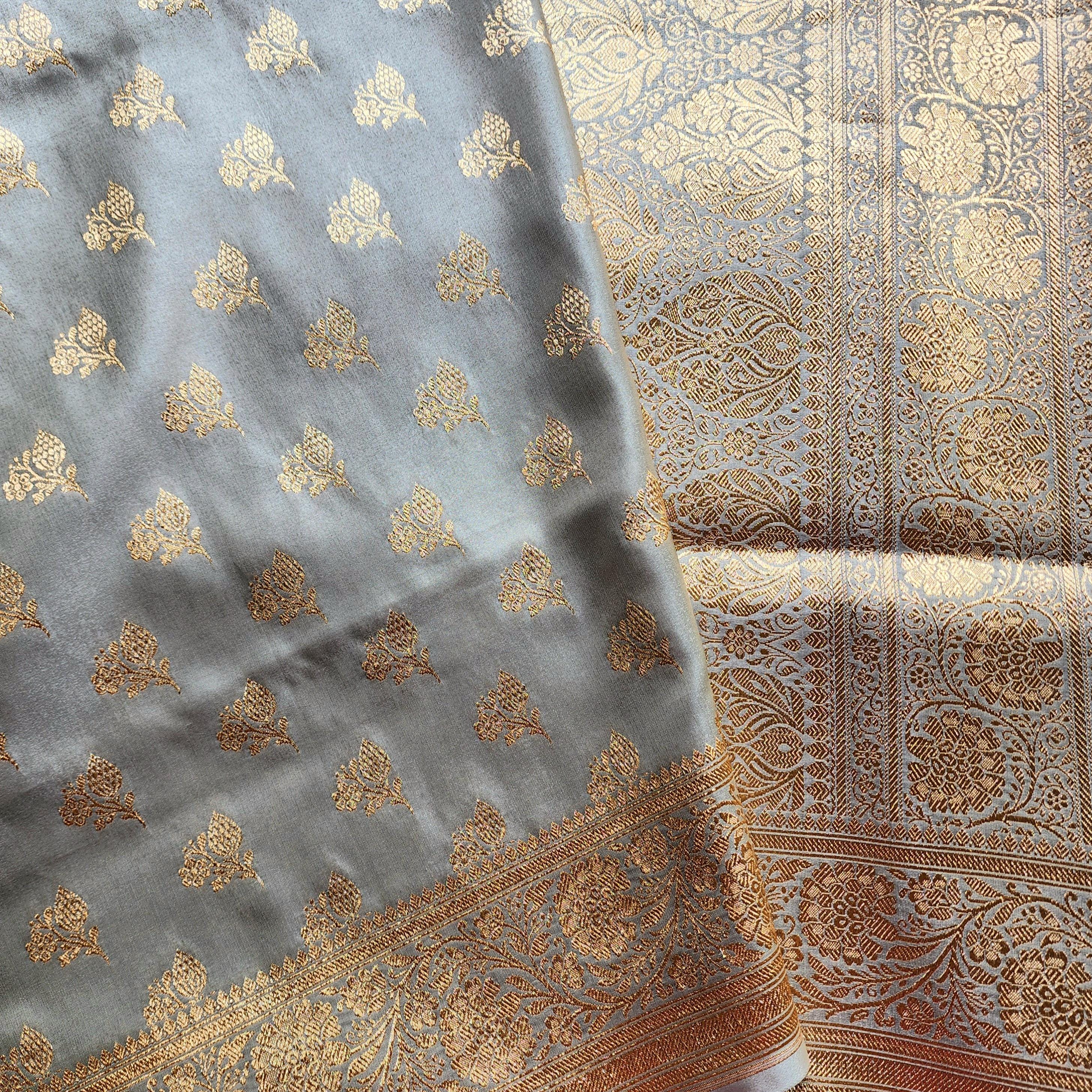 Rich Silver Gray Banarasi Katan Silk Saree | Light Gold Zari weaving