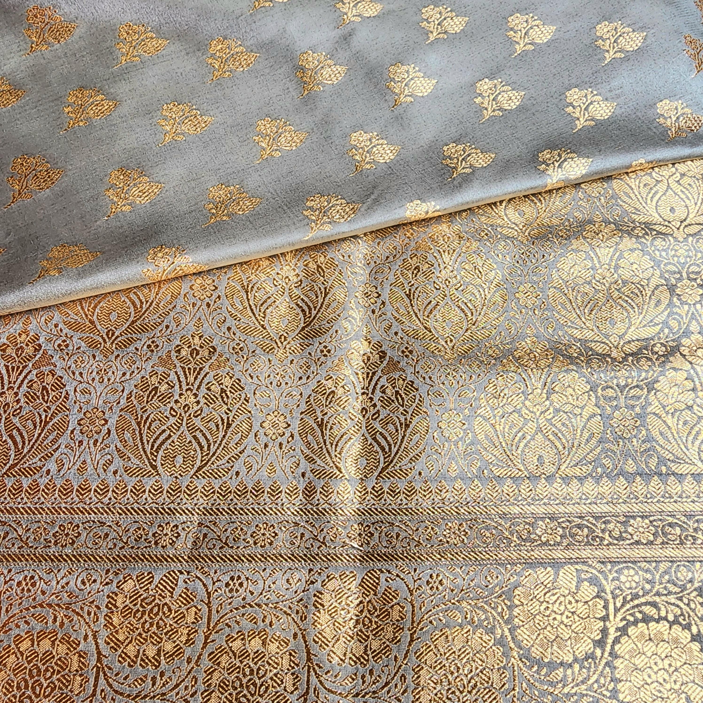 Rich Silver Gray Banarasi Katan Silk Saree | Light Gold Zari weaving