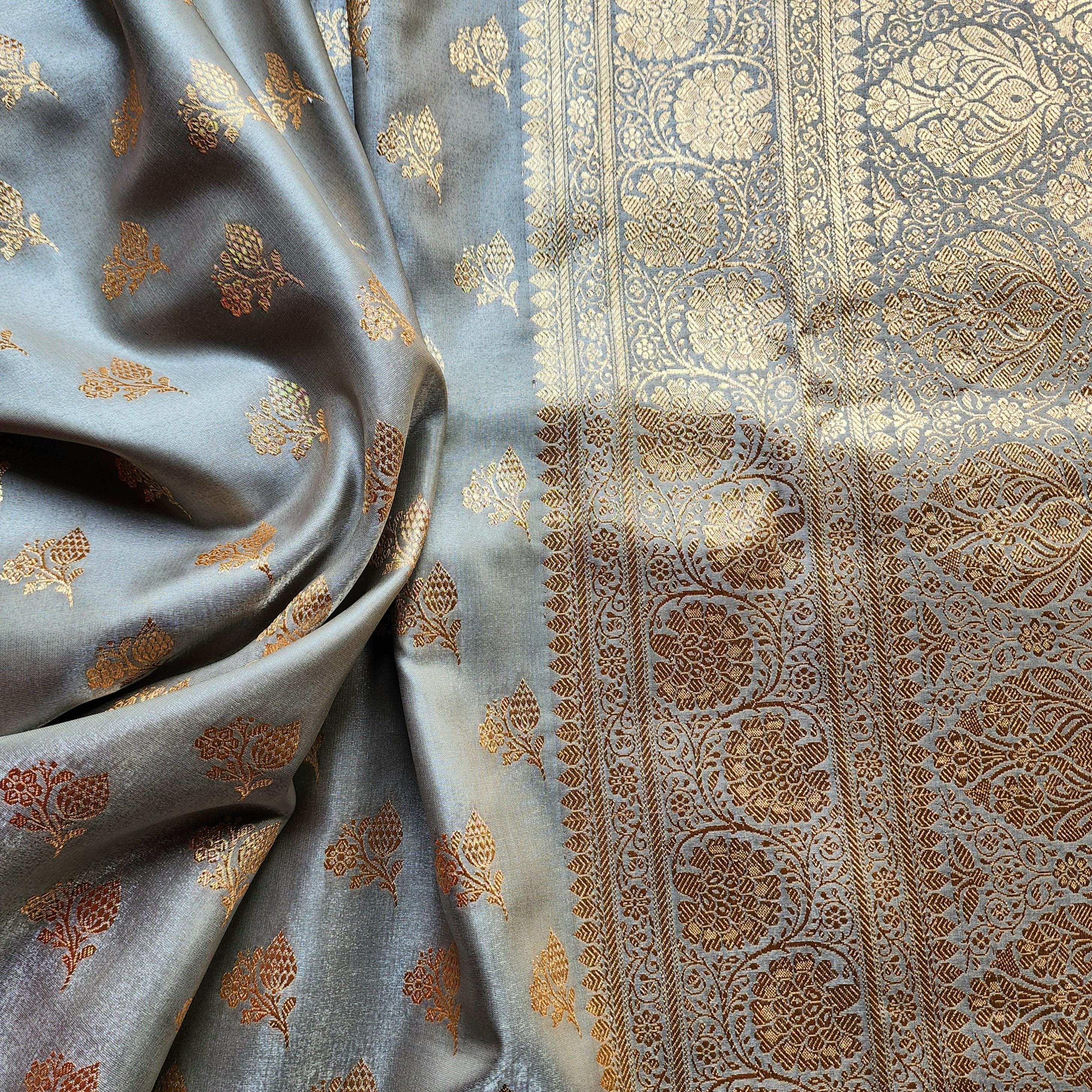 Rich Silver Gray Banarasi Katan Silk Saree | Light Gold Zari weaving