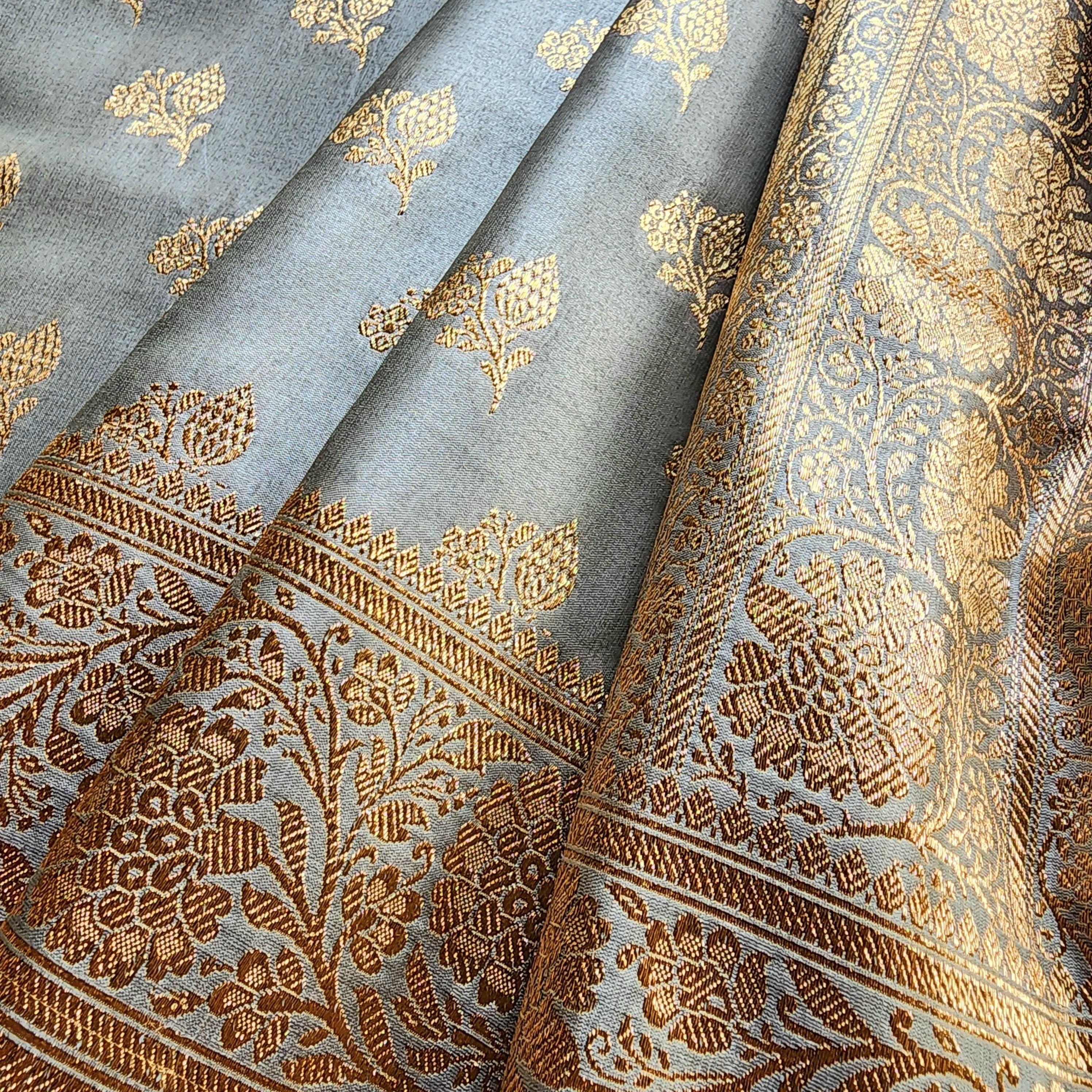Rich Silver Gray Banarasi Katan Silk Saree | Light Gold Zari weaving