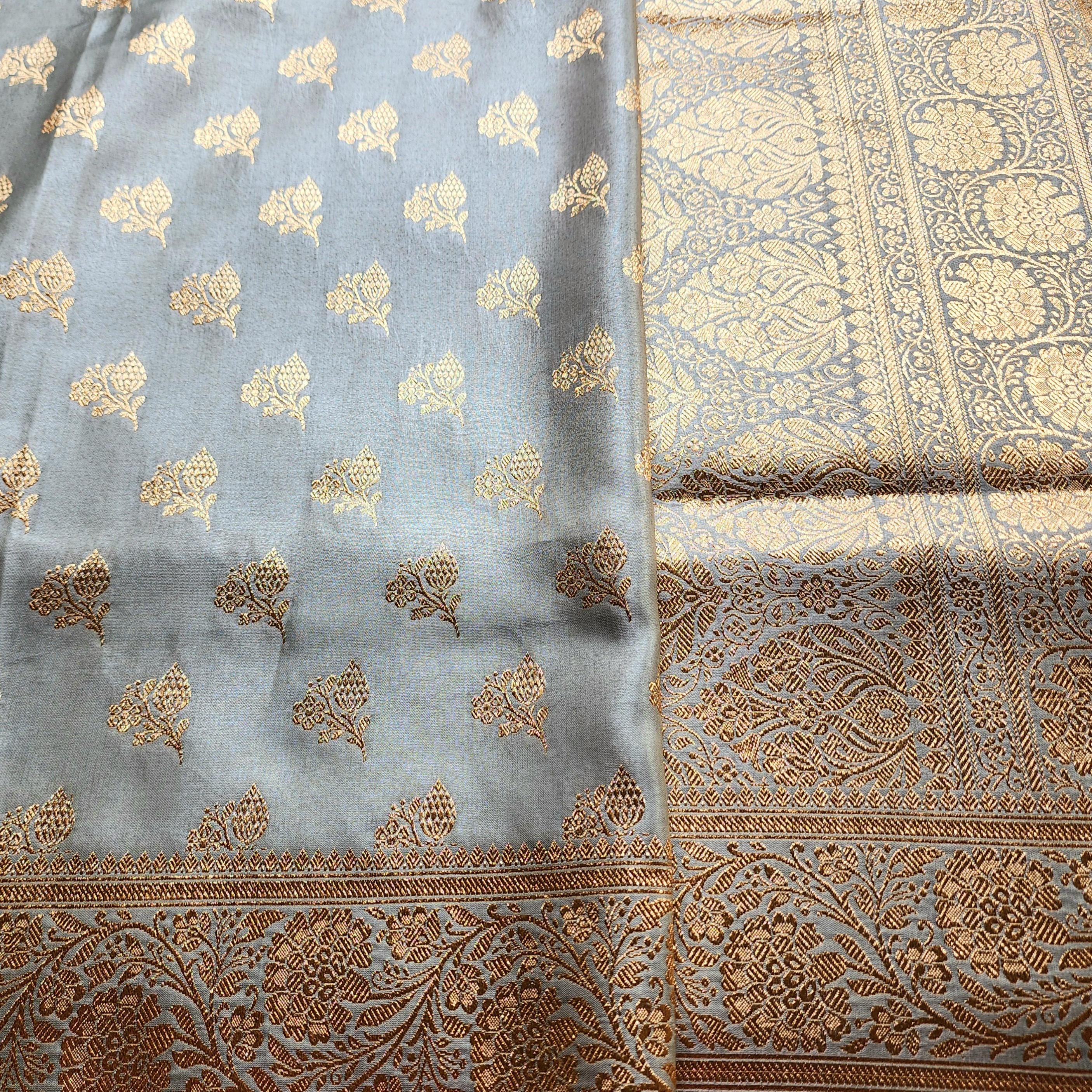 Rich Silver Gray Banarasi Katan Silk Saree | Light Gold Zari weaving