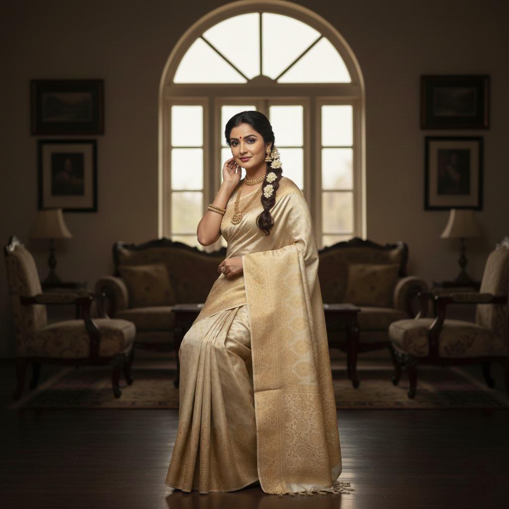 Rich Pastel Gold Banarasi Silk Saree with Gold Zari Weaving