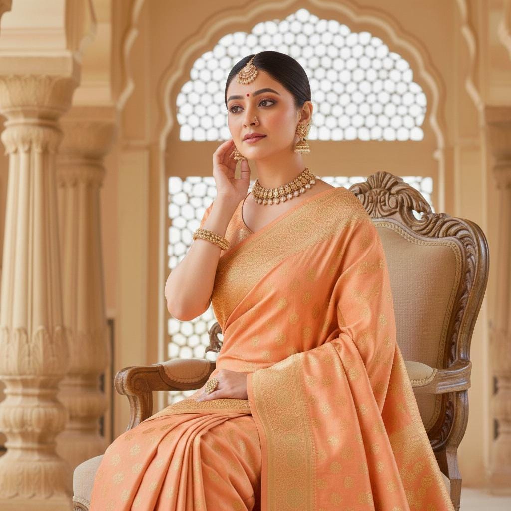 Rich Orange Banarasi Silk Saree with Gold Zari Weaving