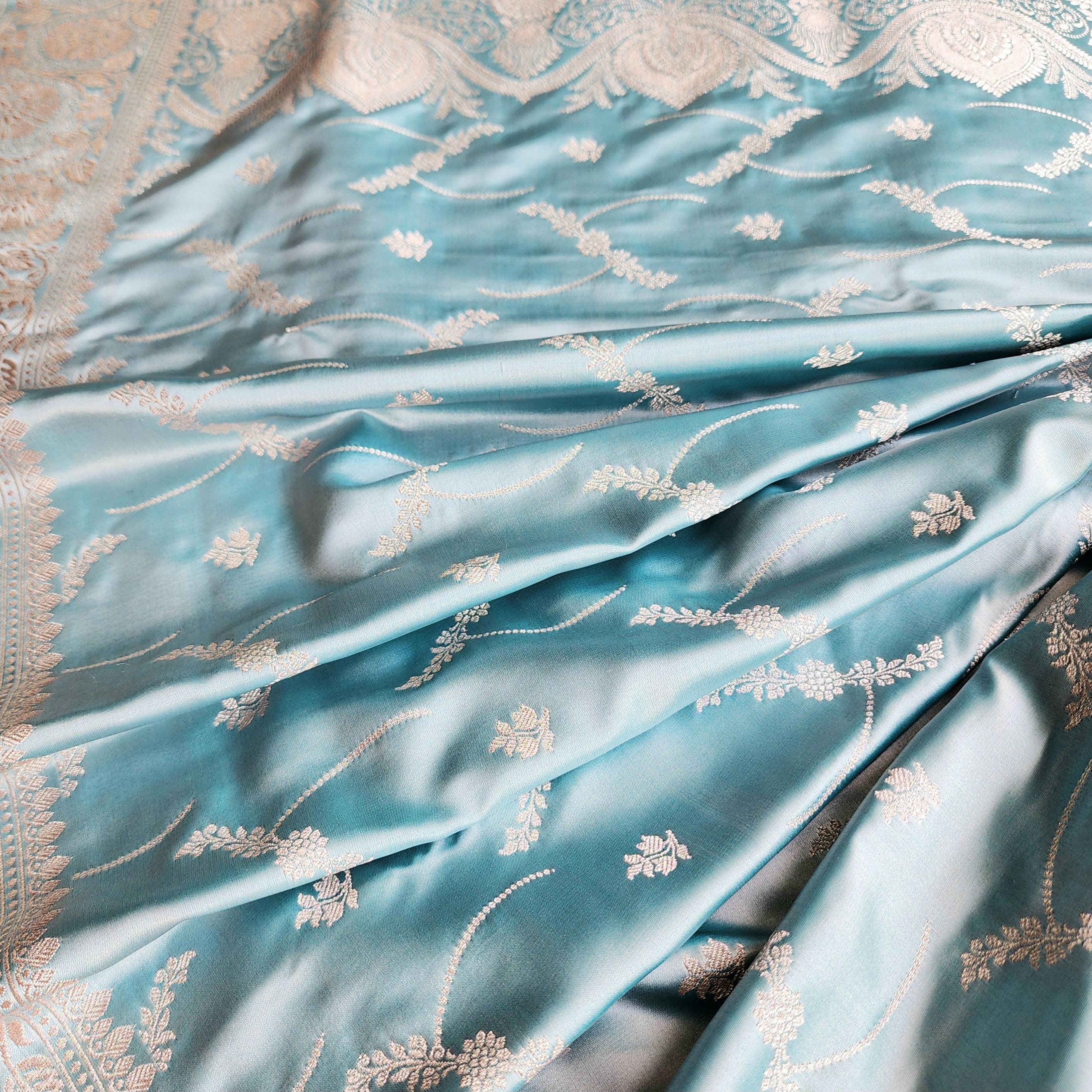 Pastel Aqua Blue Pure Banarasi Katan Silk Saree with Light Gold Zari Weaving
