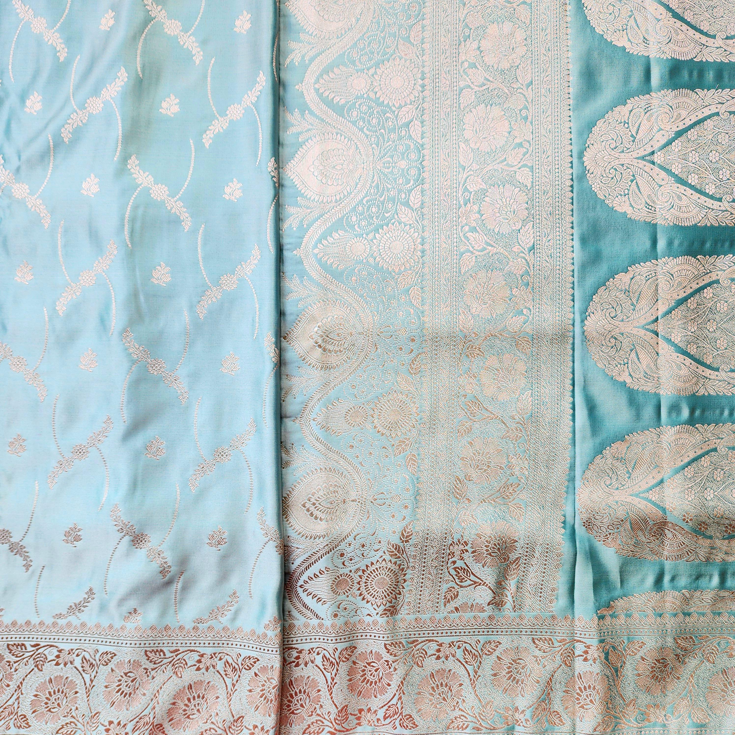 Pastel Aqua Blue Pure Banarasi Katan Silk Saree with Light Gold Zari Weaving
