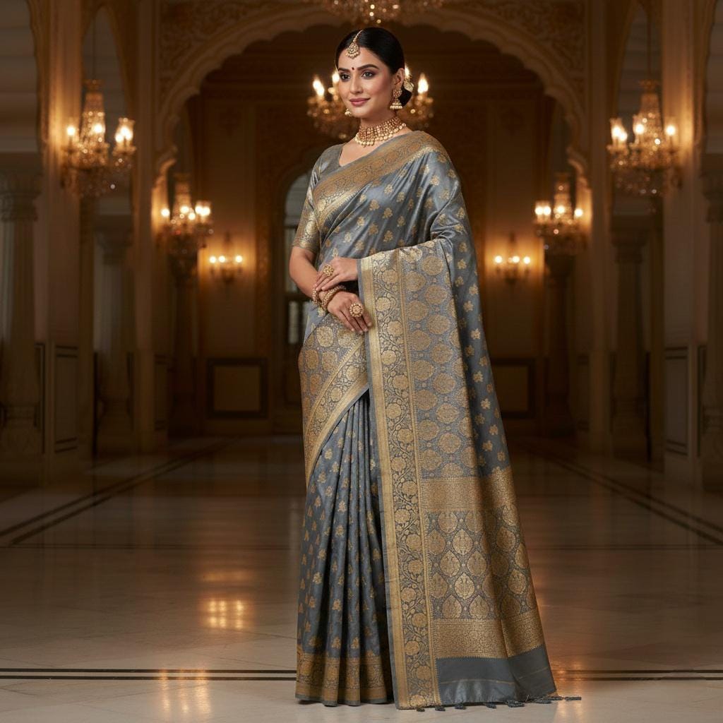 Rich Steel Blue Banarasi Silk Saree with Gold Zari Weaving