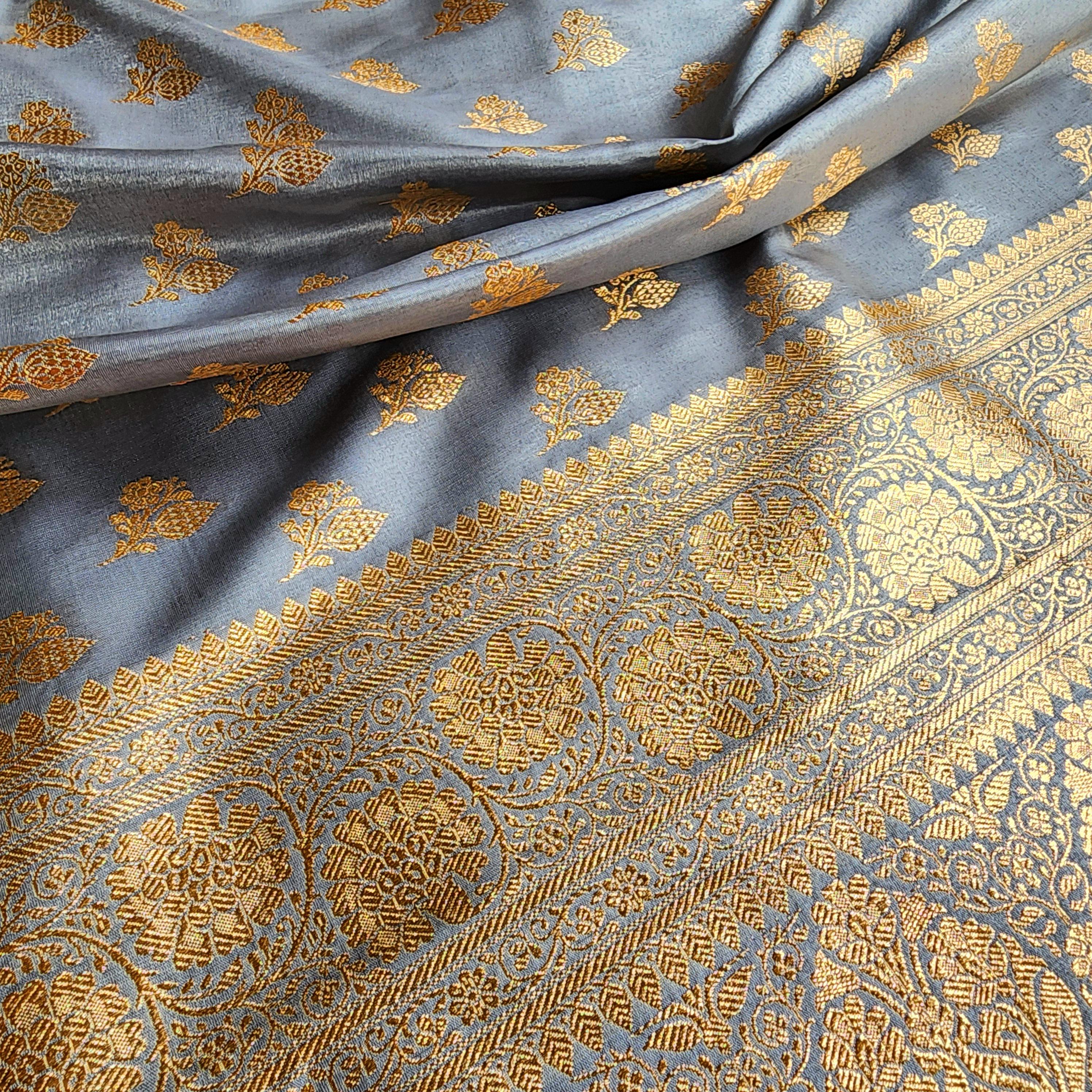 Rich Steel Blue Banarasi Silk Saree with Gold Zari Weaving