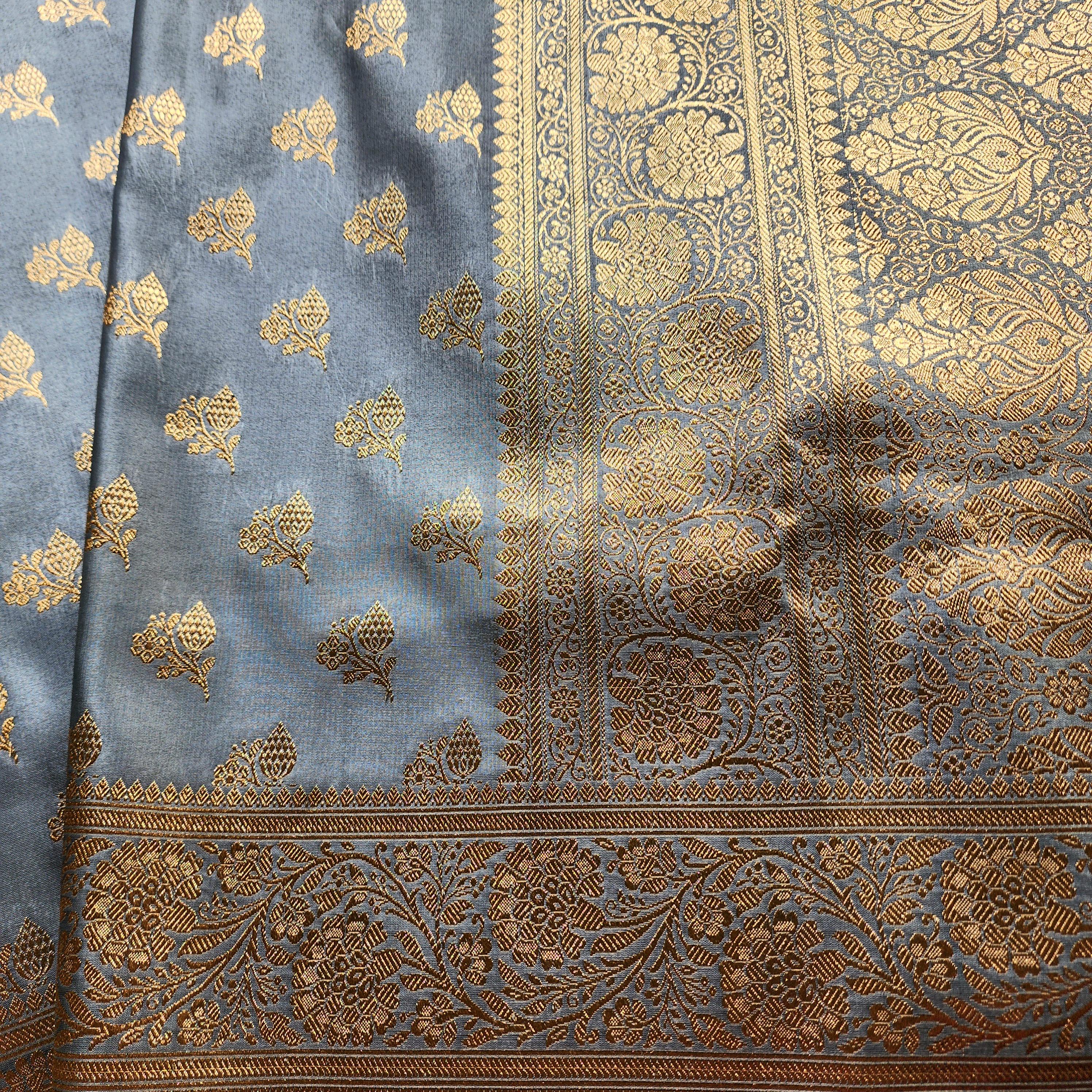 Rich Steel Blue Banarasi Silk Saree with Gold Zari Weaving