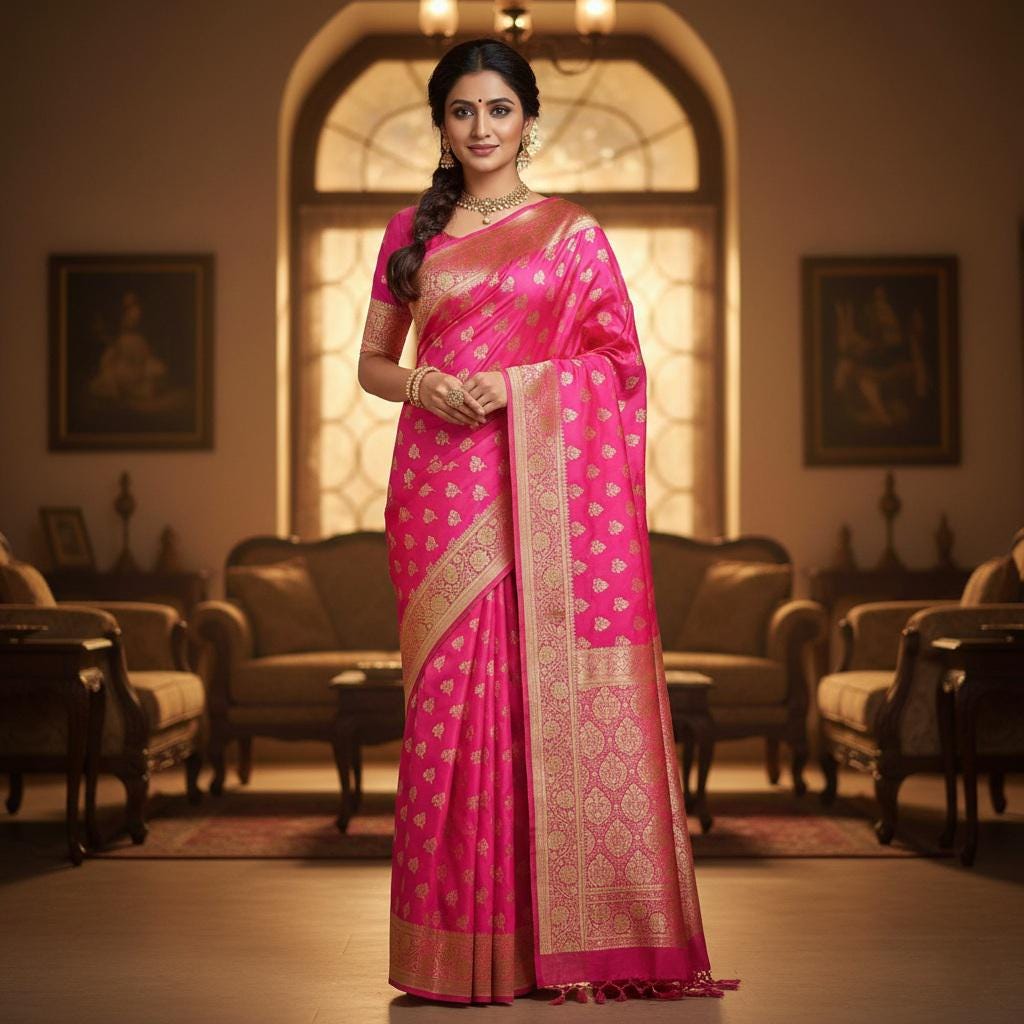 Rich Rani Pink Banarasi Silk Saree with Gold Zari Weaving