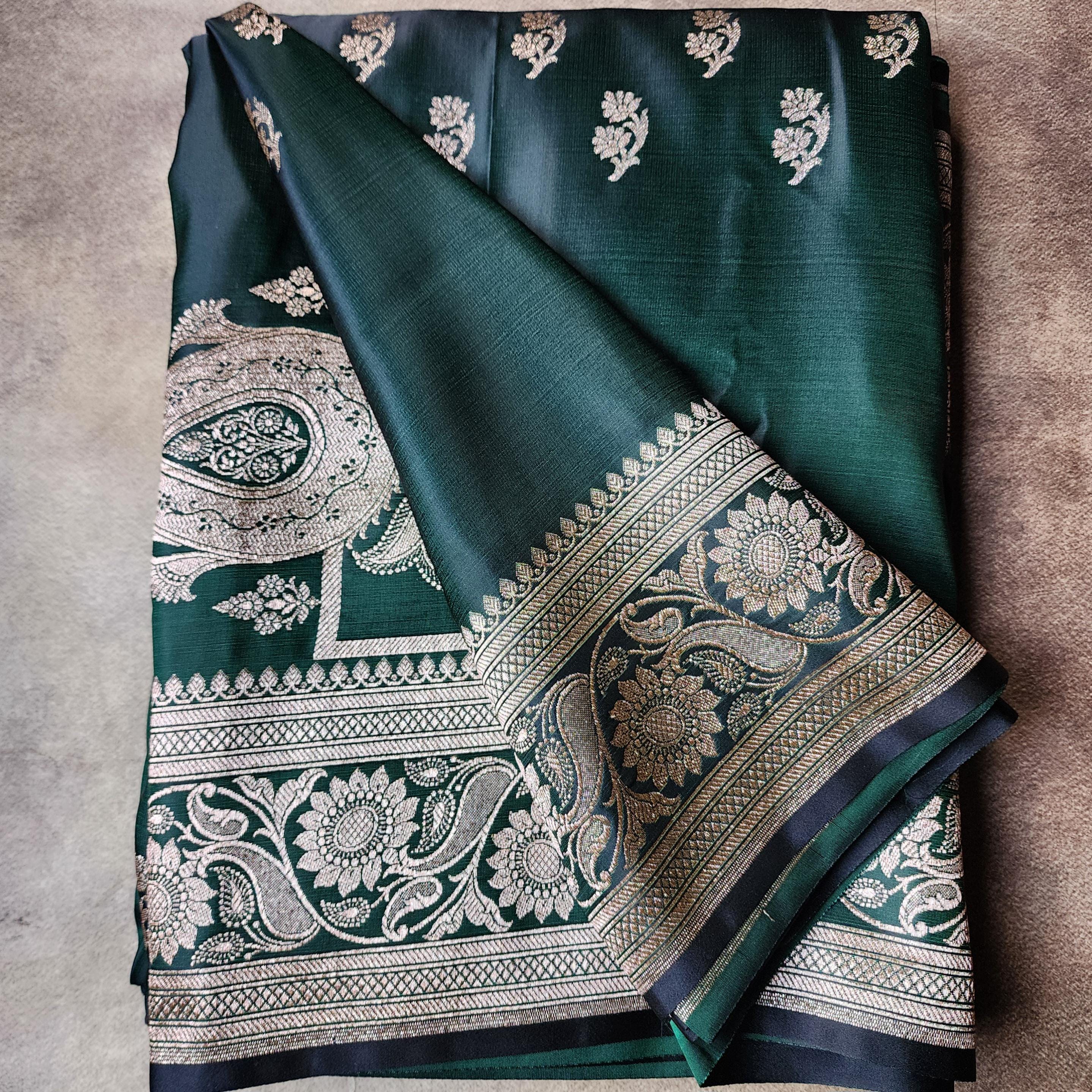Deep Emerald Green Pure Banarasi Katan Silk Saree with light Gold Zari Weaving