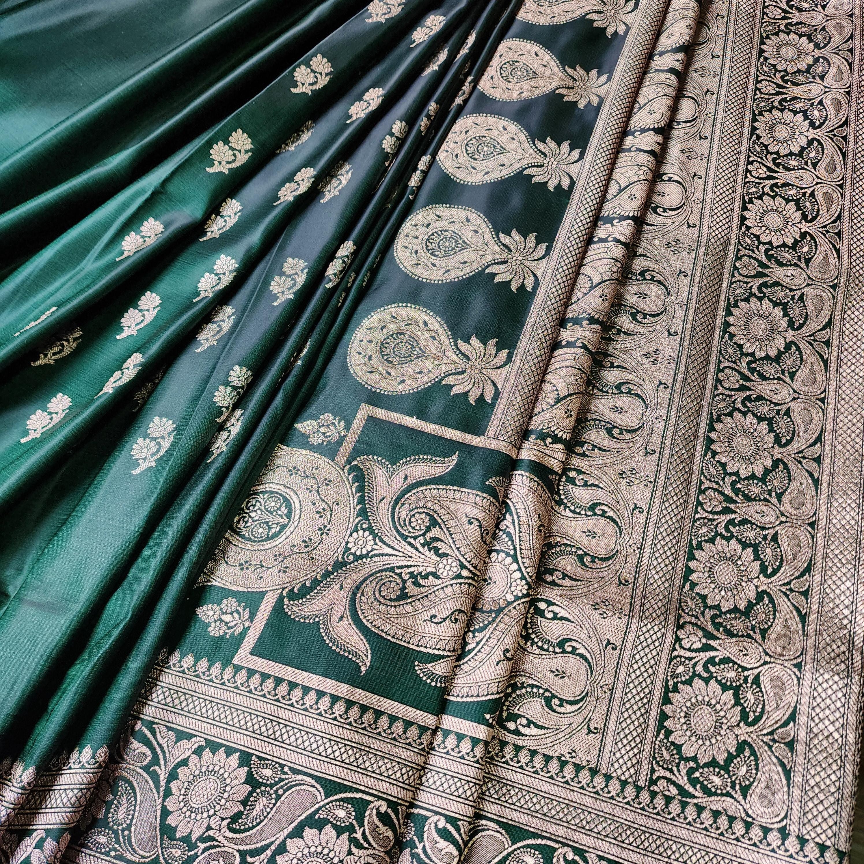 Deep Emerald Green Pure Banarasi Katan Silk Saree with light Gold Zari Weaving