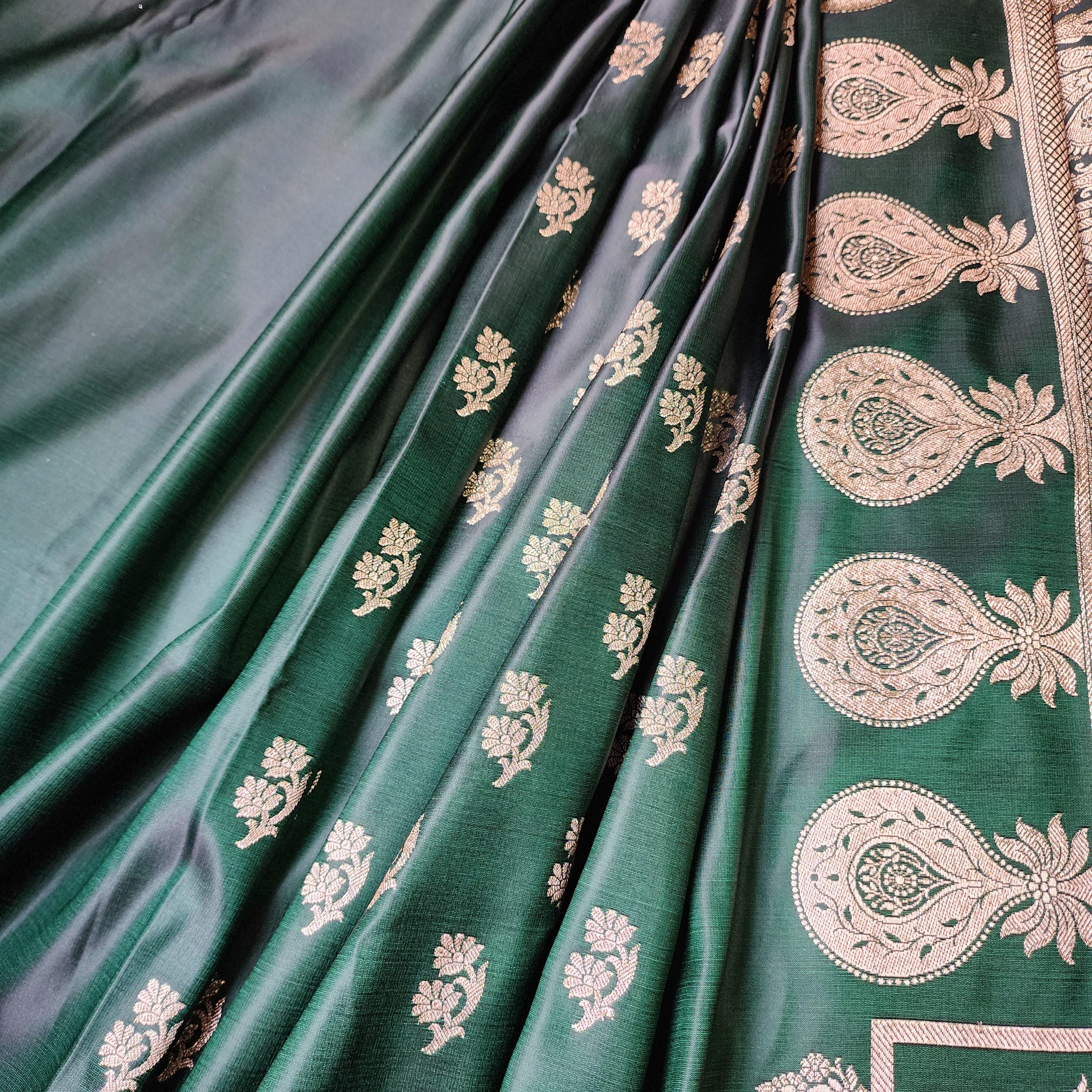 Deep Emerald Green Pure Banarasi Katan Silk Saree with light Gold Zari Weaving