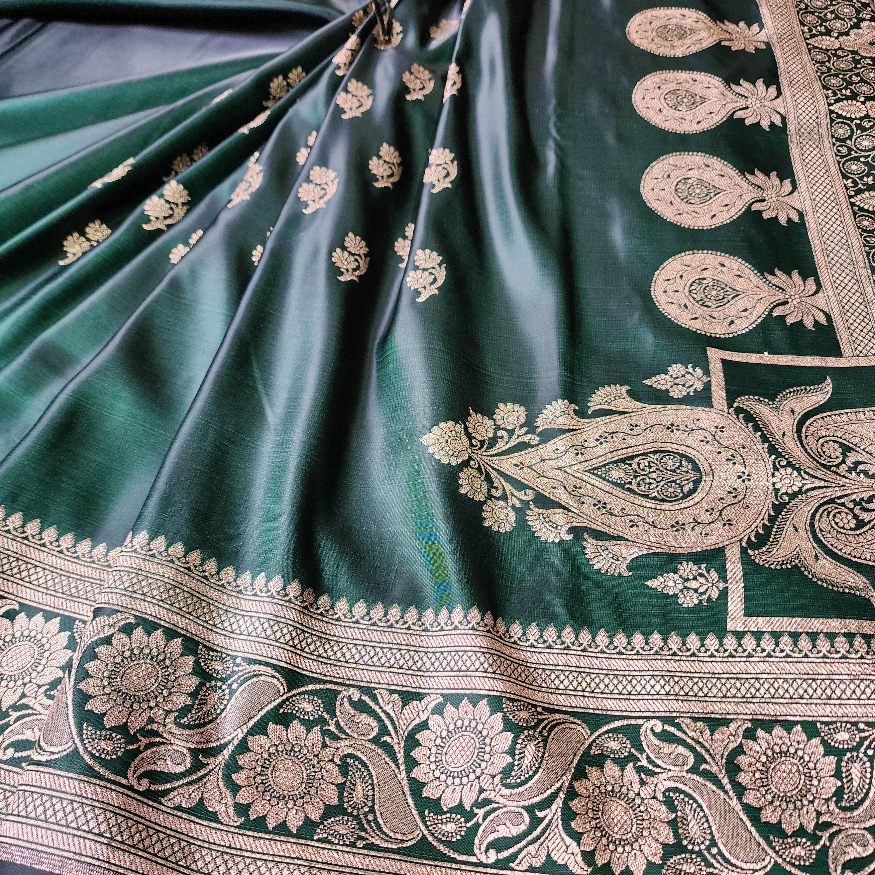 Deep Emerald Green Pure Banarasi Katan Silk Saree with light Gold Zari Weaving