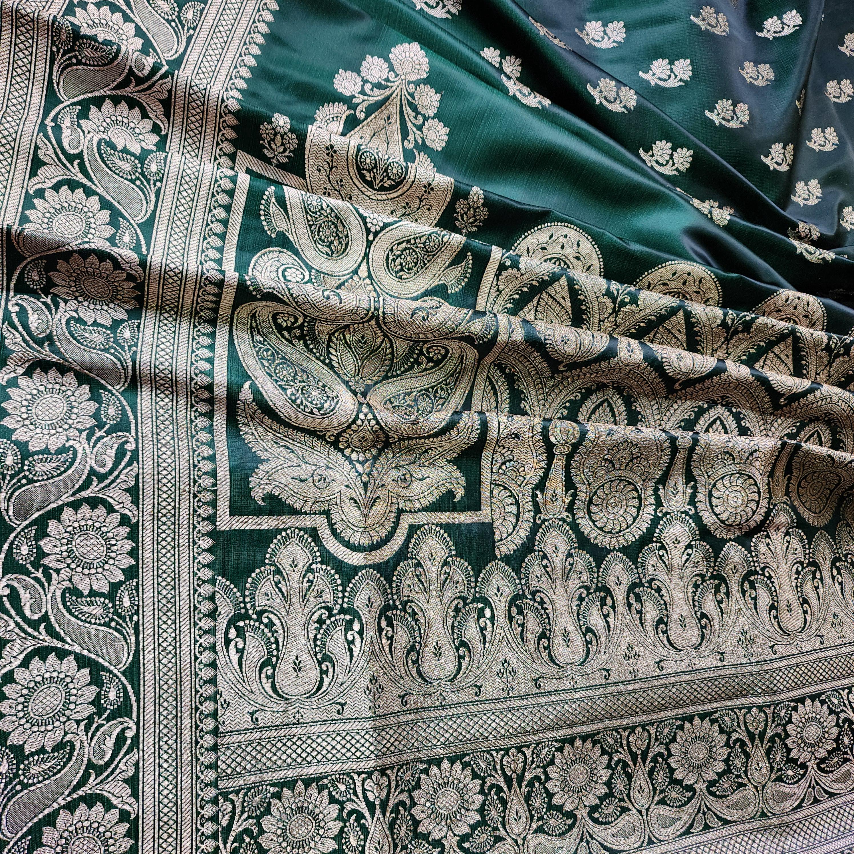 Deep Emerald Green Pure Banarasi Katan Silk Saree with light Gold Zari Weaving