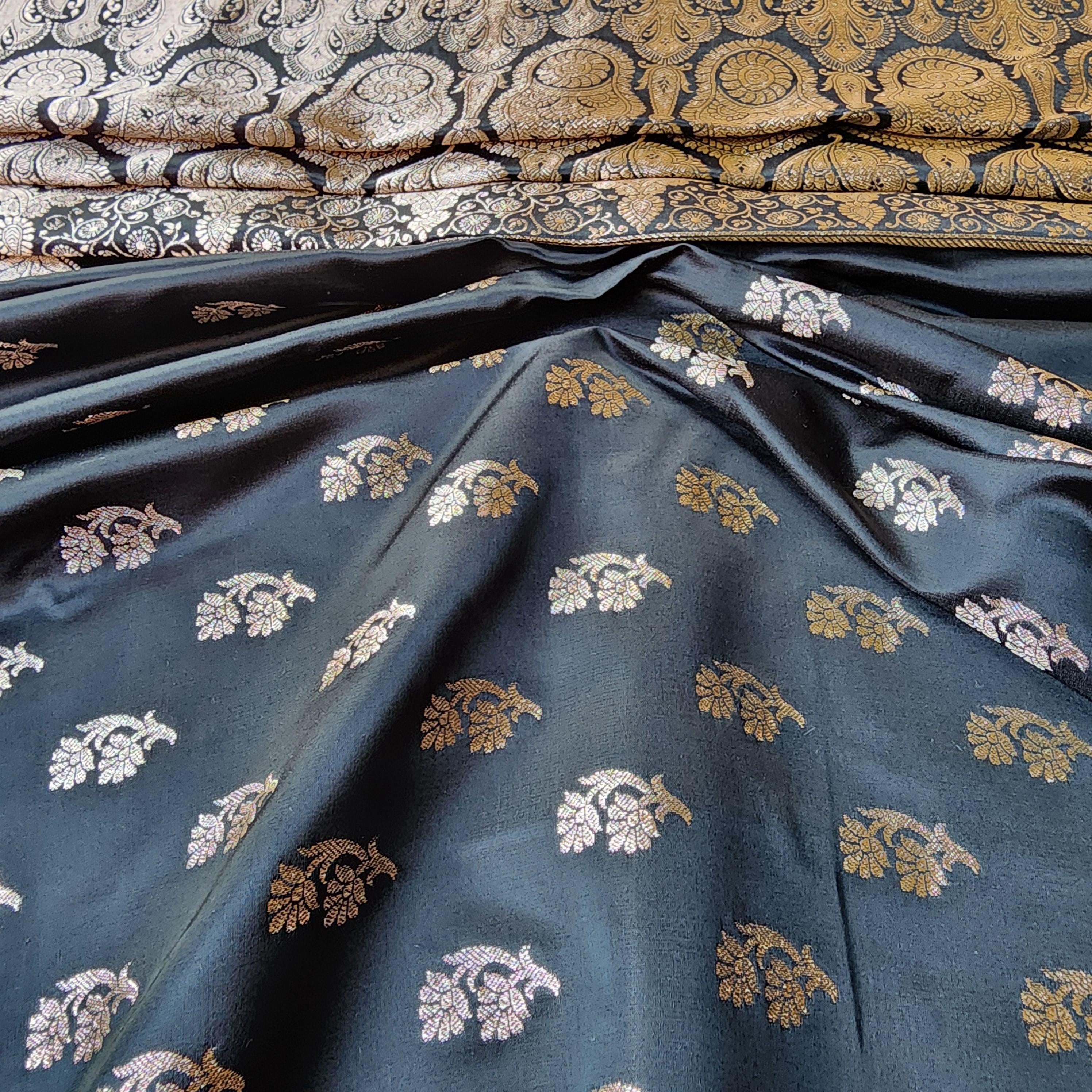 Mighty Black Pure Banarasi Katan Silk Saree with light Gold Zari Weaving