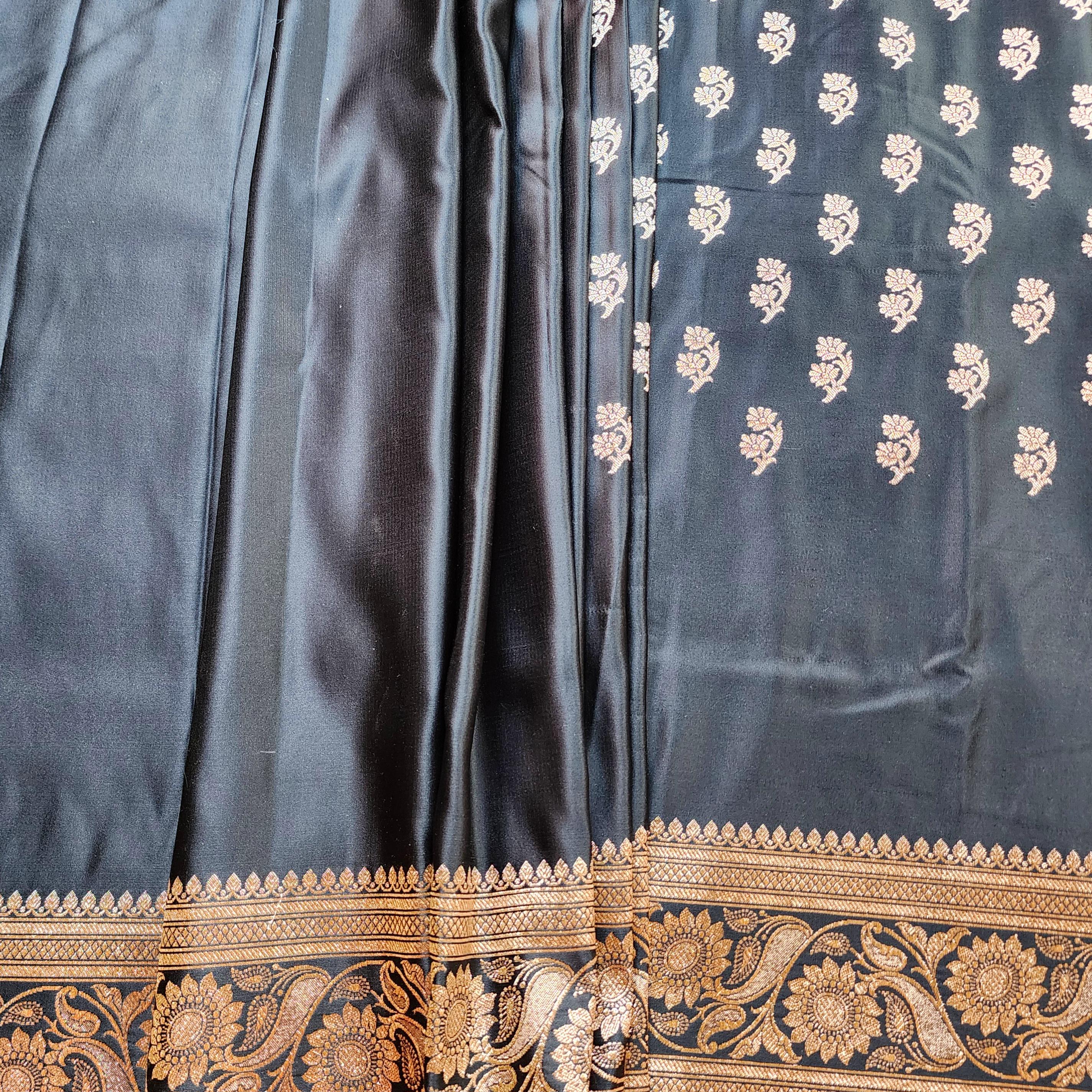 Mighty Black Pure Banarasi Katan Silk Saree with light Gold Zari Weaving