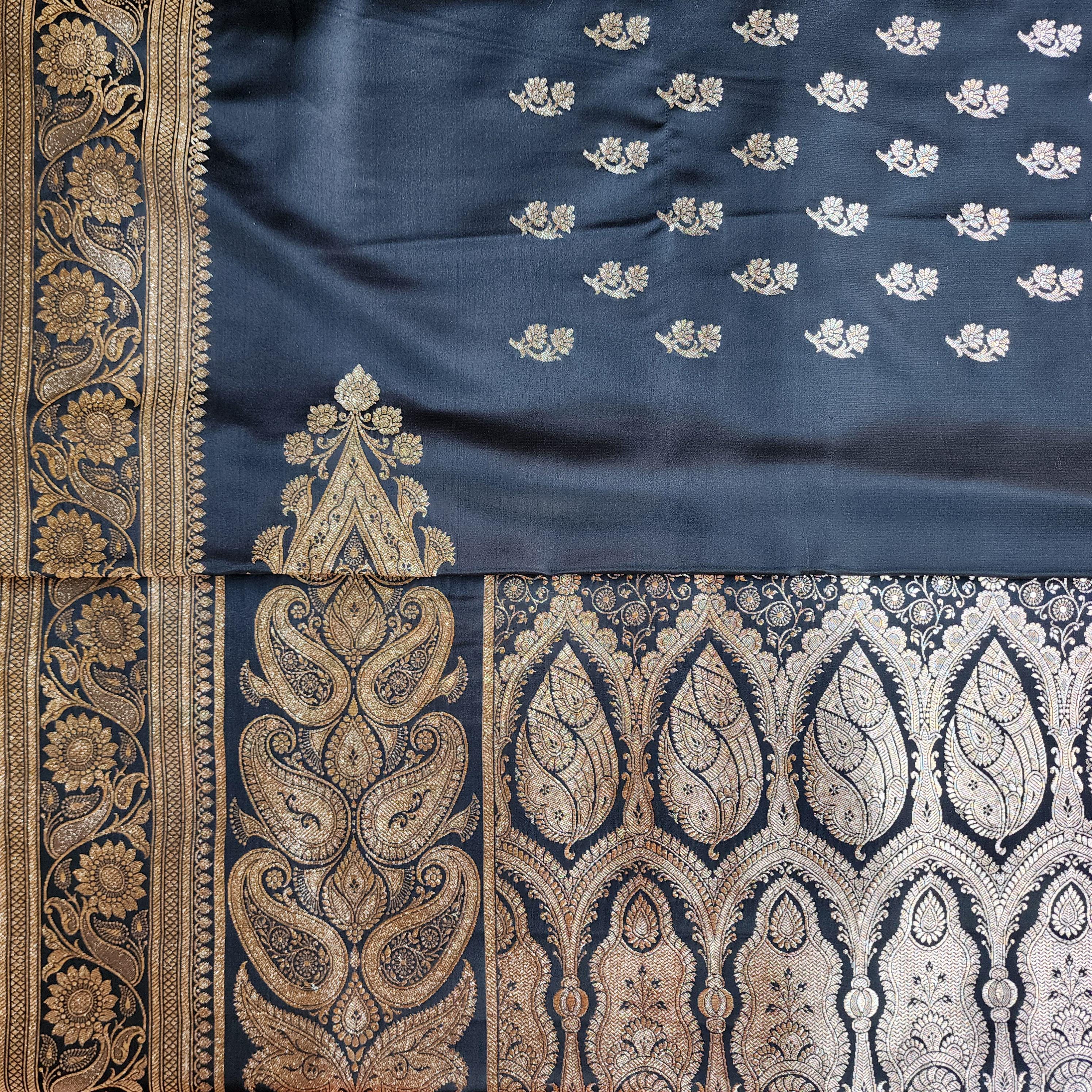 Mighty Black Pure Banarasi Katan Silk Saree with light Gold Zari Weaving