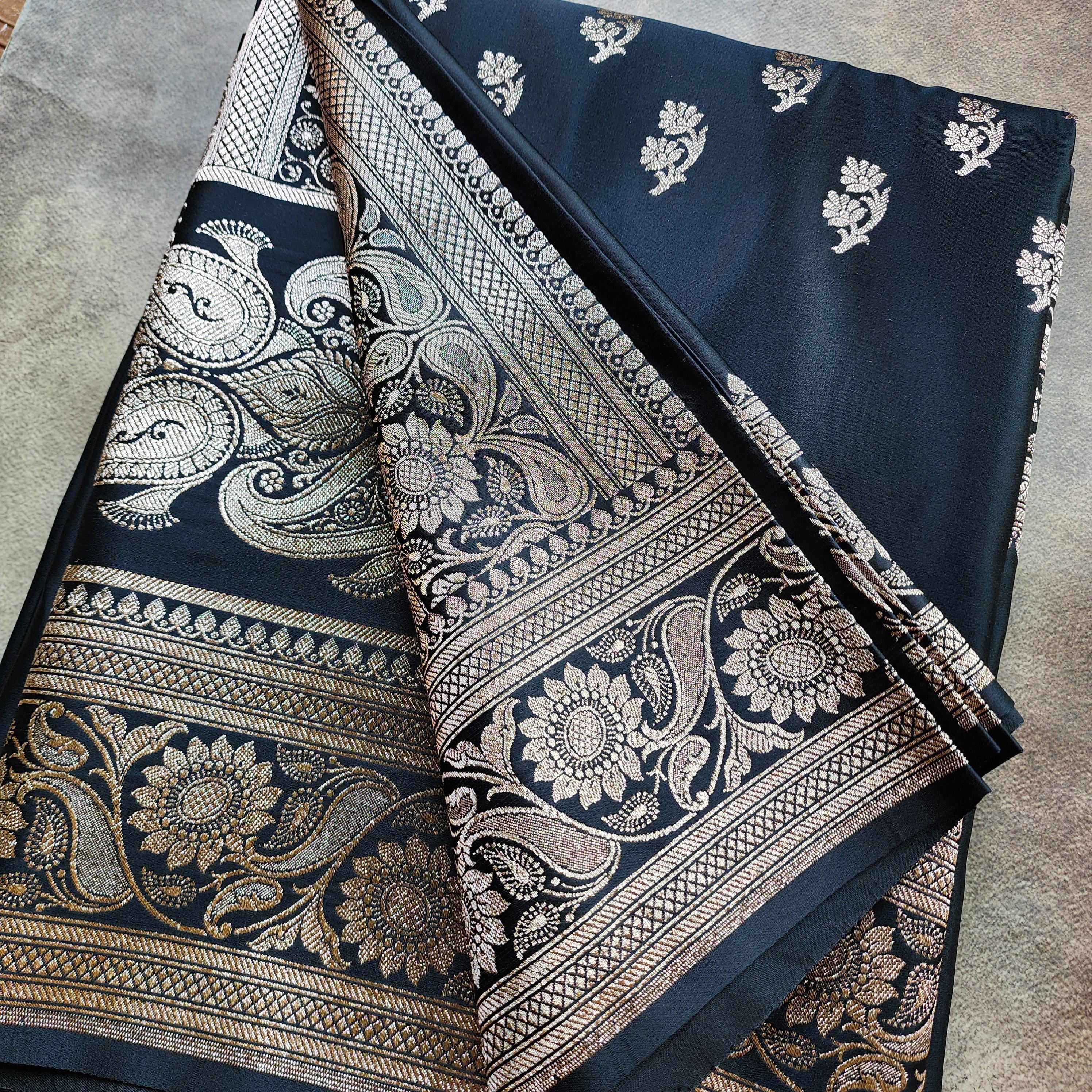 Mighty Black Pure Banarasi Katan Silk Saree with light Gold Zari Weaving