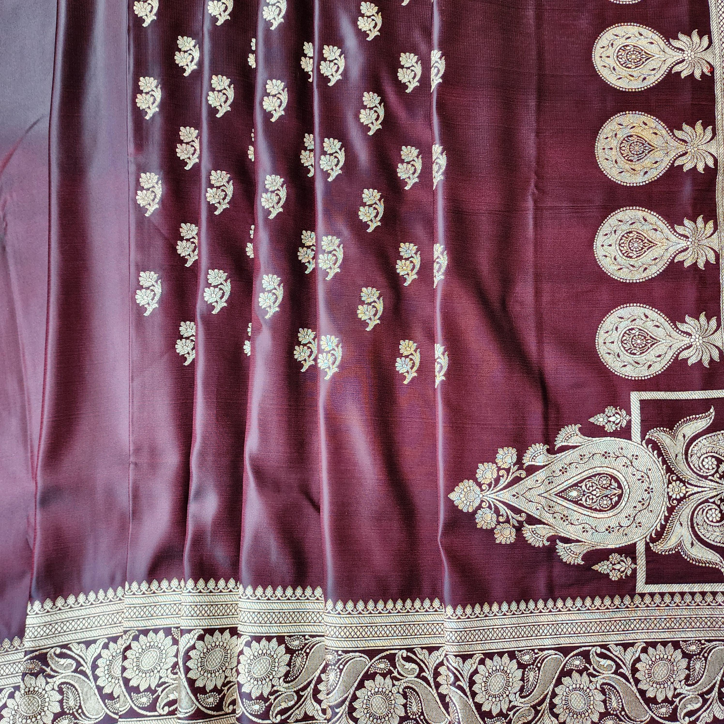 Coffee Brown Pure Banarasi Katan Silk Saree with light Gold Zari Weaving