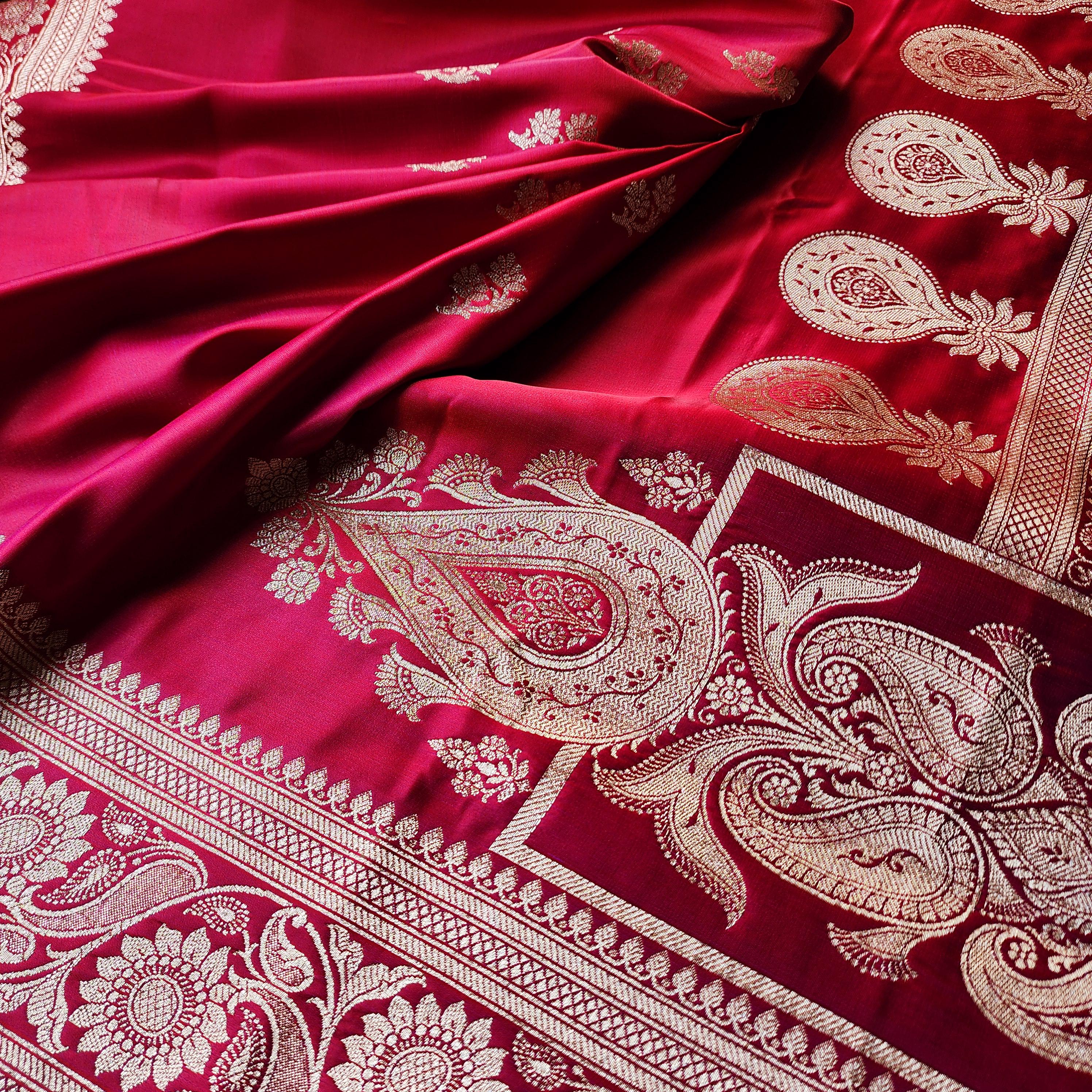 Bright Red Pure Banarasi Katan Silk Saree with light Gold Zari Weaving