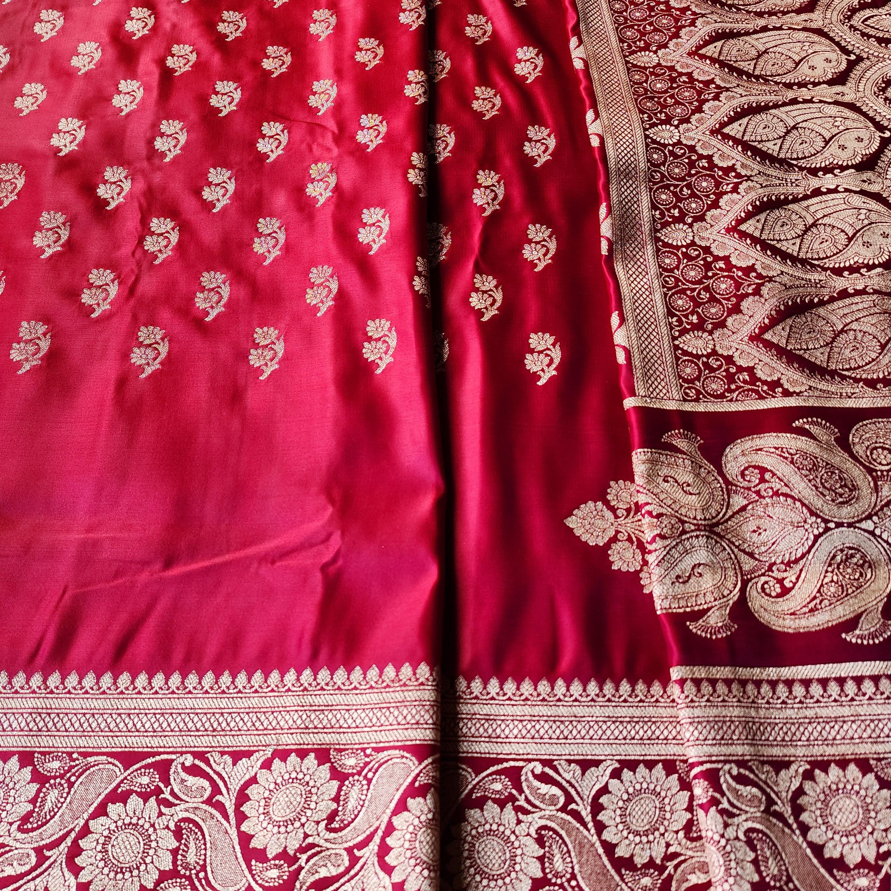 Bright Red Pure Banarasi Katan Silk Saree with light Gold Zari Weaving
