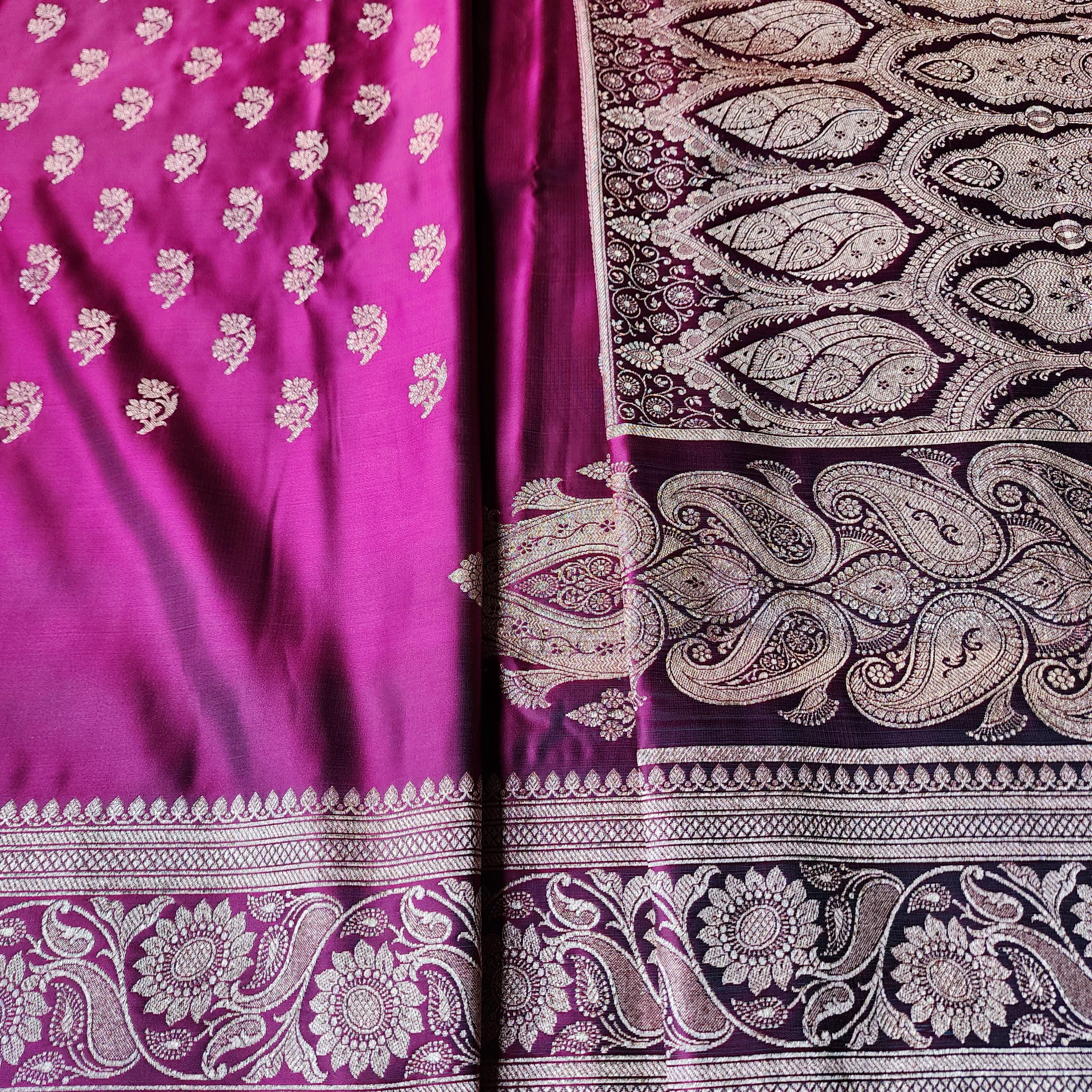 Hot Pink Pure Banarasi Katan Silk Saree with light Gold Zari Weaving